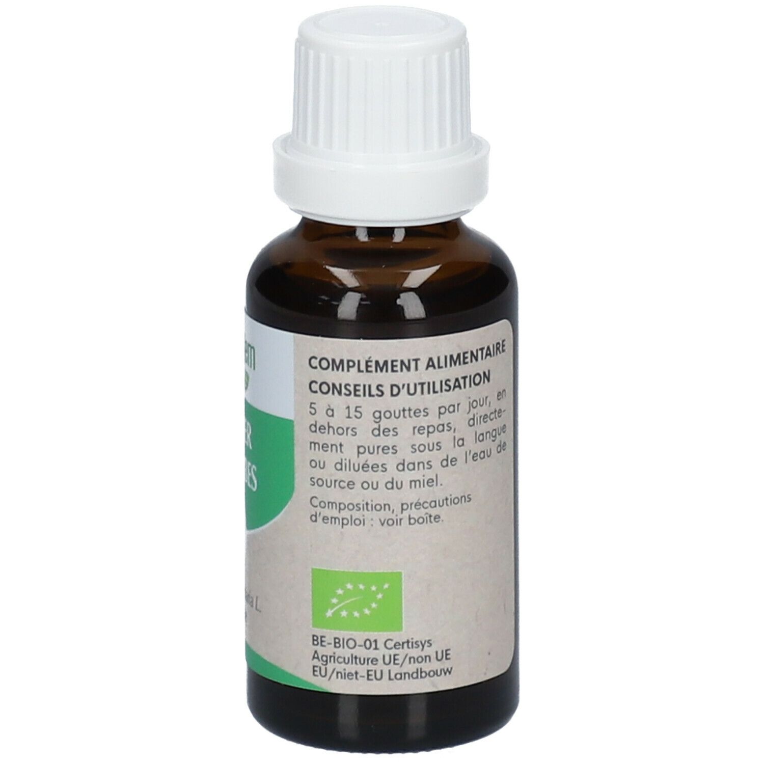 Flacon en verre brun avec bouchon blanc. Étiquette avec conseils d'utilisation et label bio. 30ml.