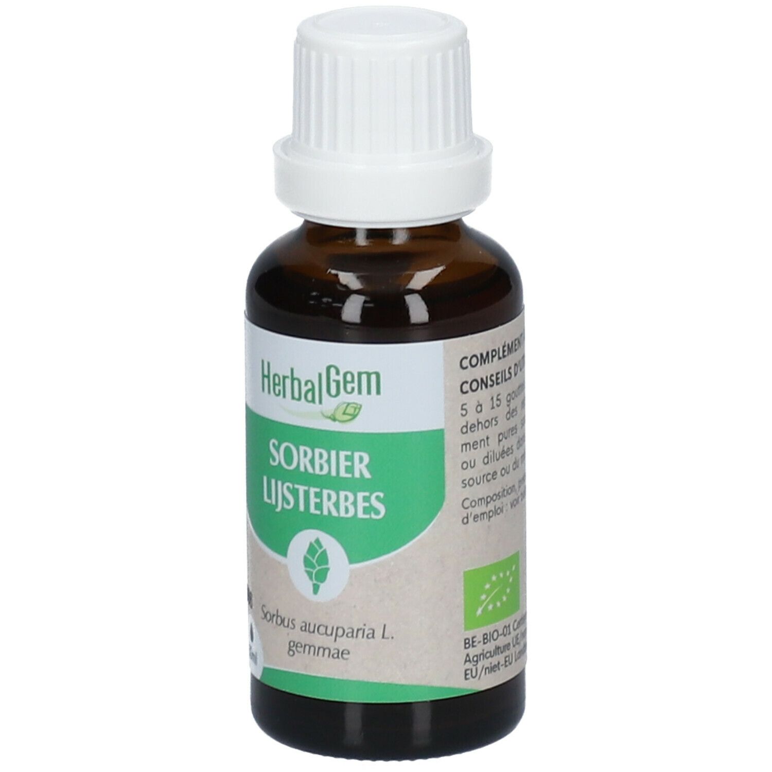 Flacon en verre brun avec bouchon blanc. Étiquette "HerbalGem", "Sorbier Lijsterbes" et 30ml. Label bio.