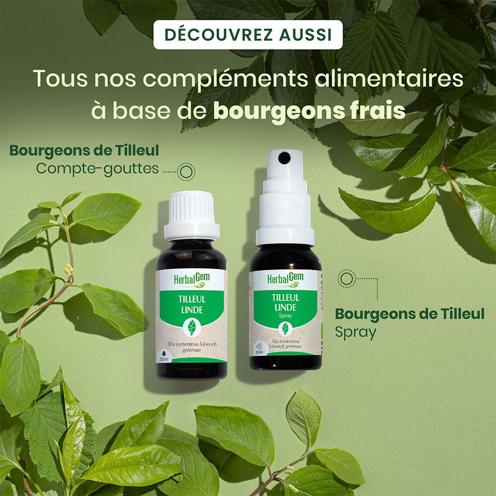 Deux flacons de produit. Un avec compte-gouttes, un avec spray. Texte: 'Bourgeons de Tilleul'.