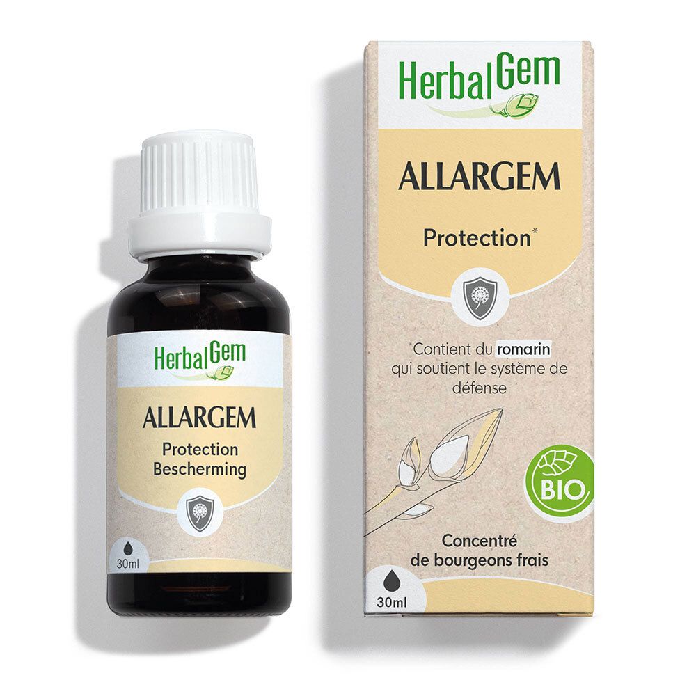 Flacon en verre brun avec bouchon blanc. Étiquette 'HerbalGem Allargem Bio'. À côté, emballage avec design similaire.