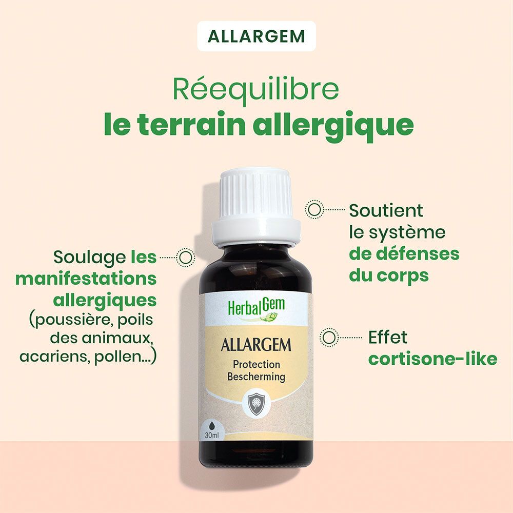 Flacon 'HerbalGem Allargem'. Texte: 'Régéquilibre le terrain allergique'. Diagramme avec flèches et texte.