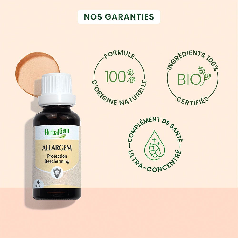 Flacon 'HerbalGem Allargem'. Logos: Formule 100% naturelle, certification Bio, Ultra-concentré.