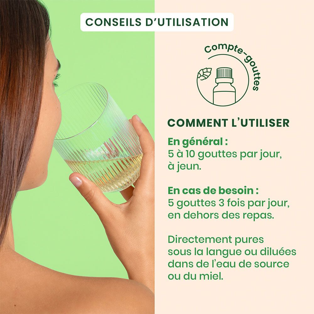 Femme buvant dans un verre. Texte: 'Conseils d'utilisation'. Illustration: flacon compte-gouttes. Texte: 5-10 gouttes par jour.