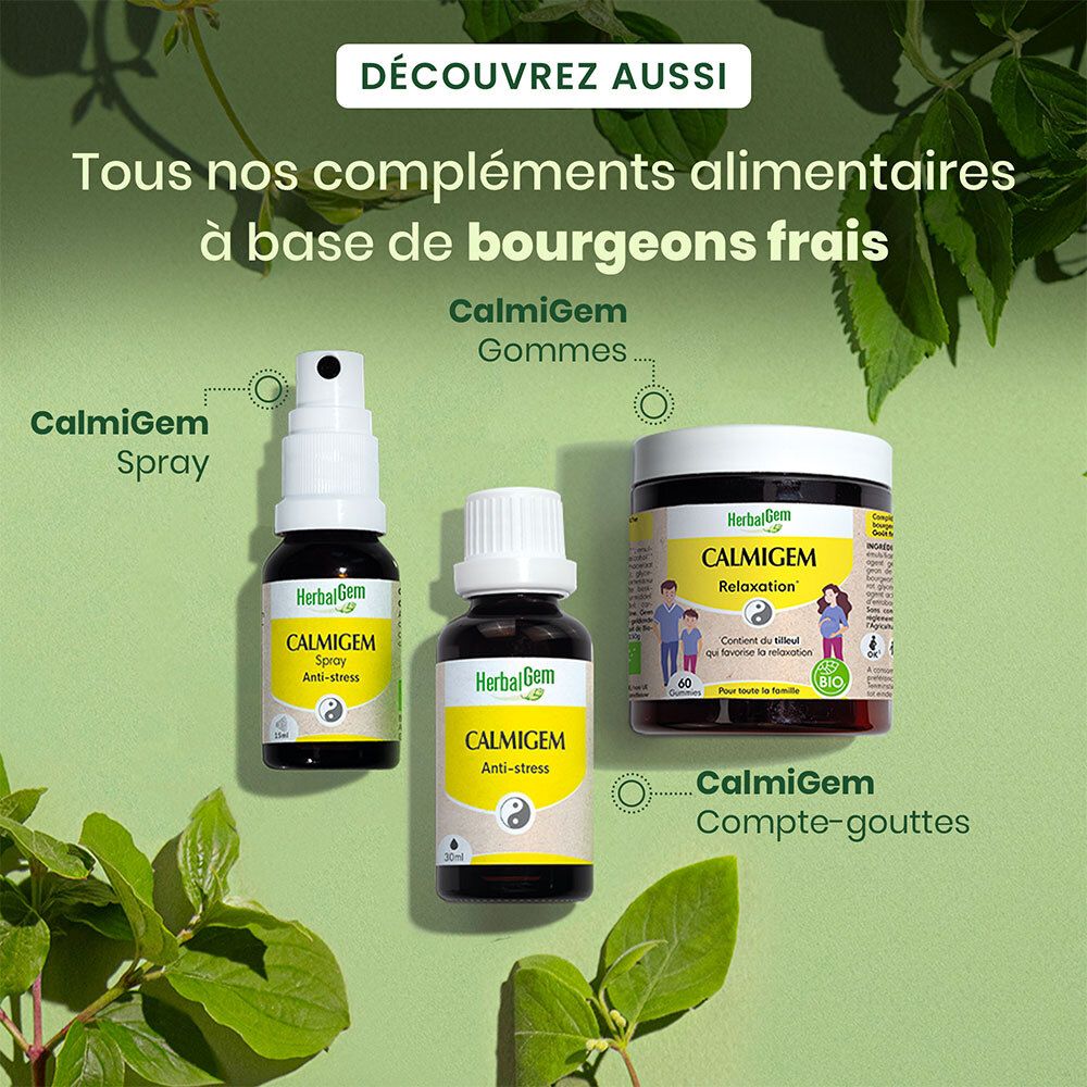 Trois variantes de produits : spray, gouttes et gélules. Tous nommés Calmigem.