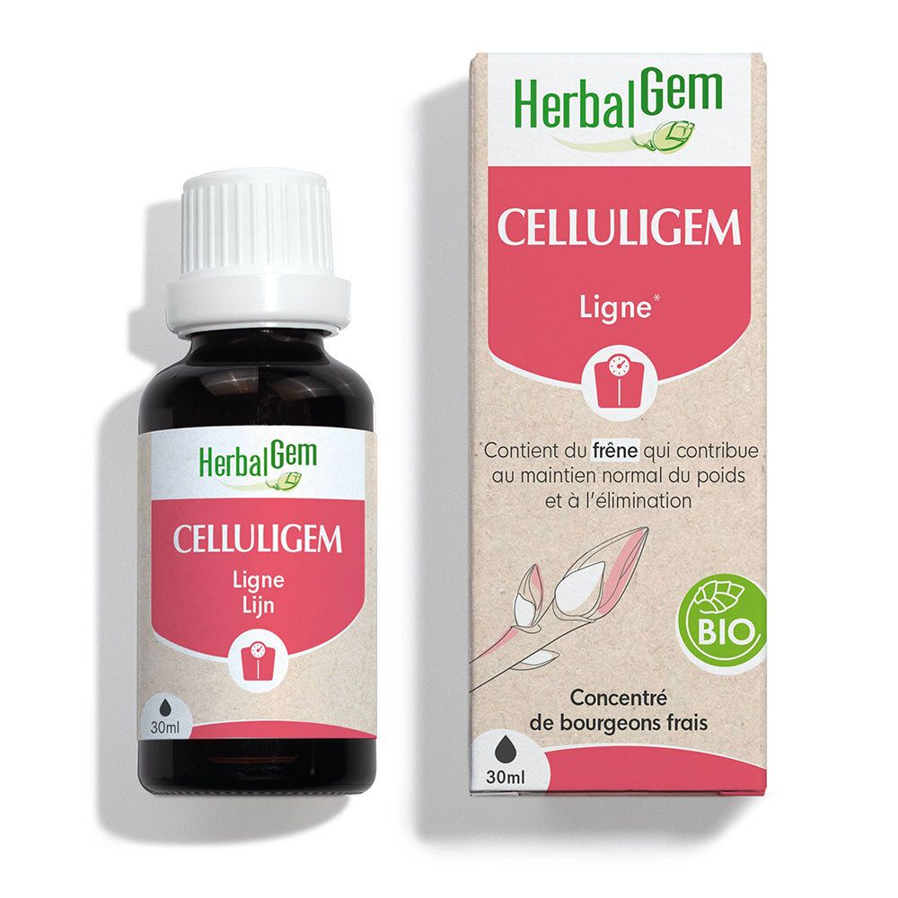 Bruine glazen fles met witte dop en etiket. Daarnaast een verpakking met productinformatie. Beide tonen de naam Celluligem.