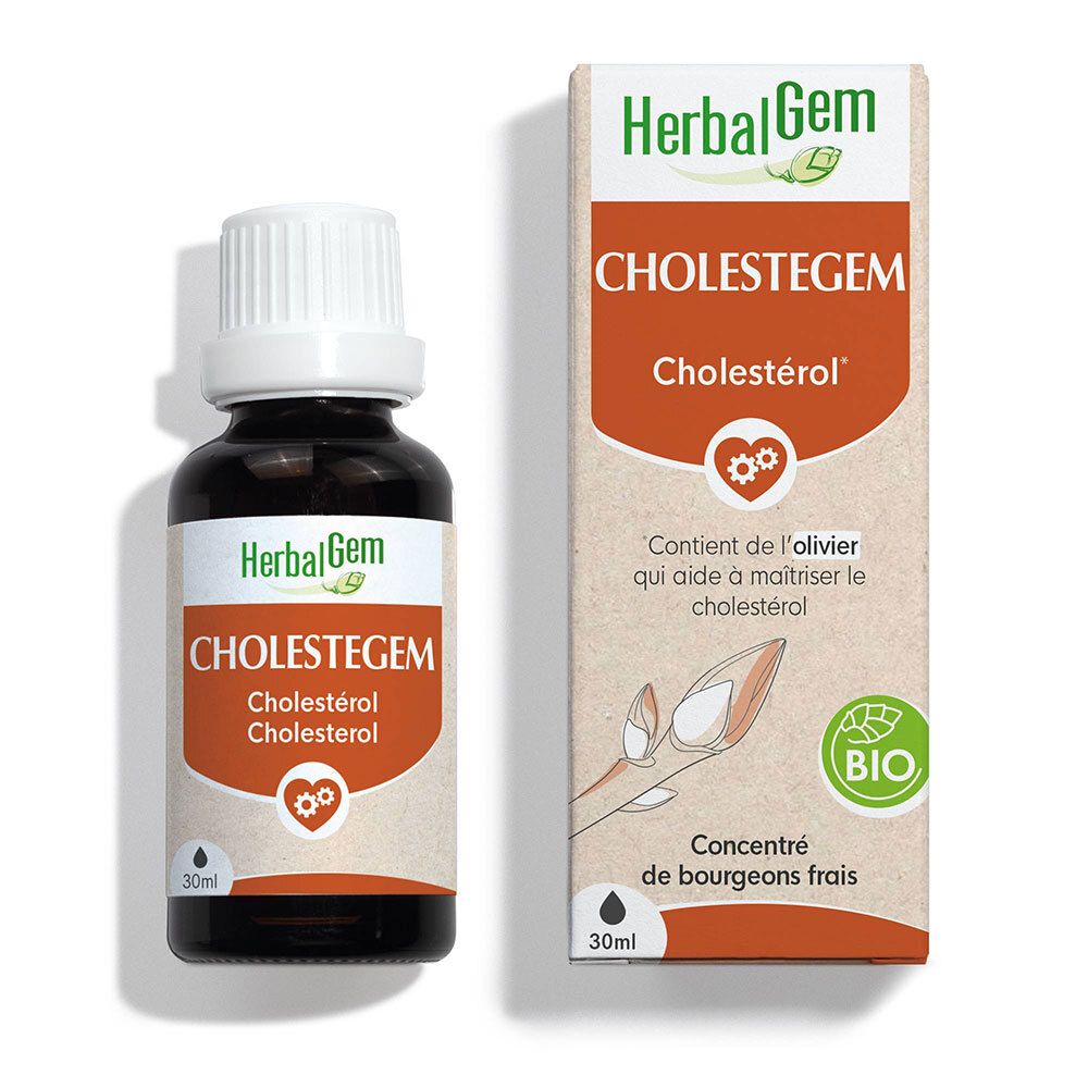 Flacon en verre brun avec bouchon blanc et étiquette. À côté, emballage avec informations produit et label bio.