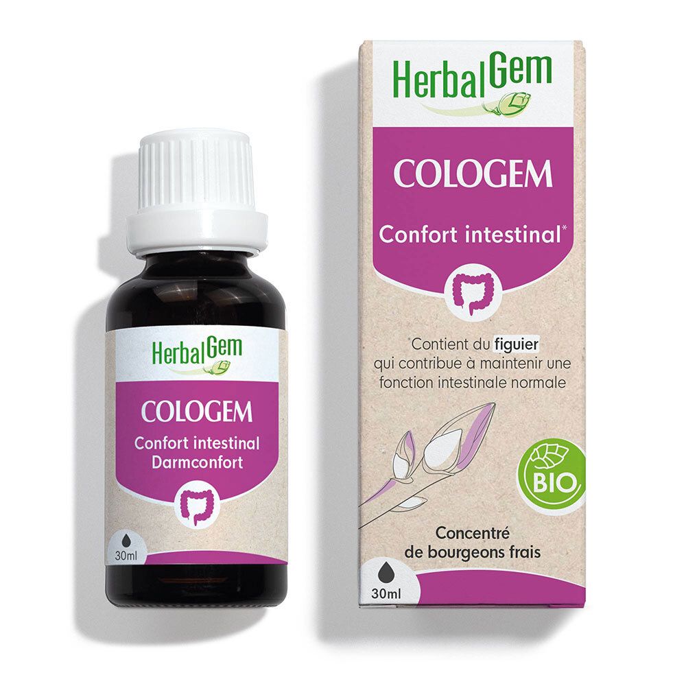 Bruine glazen fles, witte dop, etiket. HerbalGem Cologem, darmcomfort, 30ml. Bio-keurmerk.