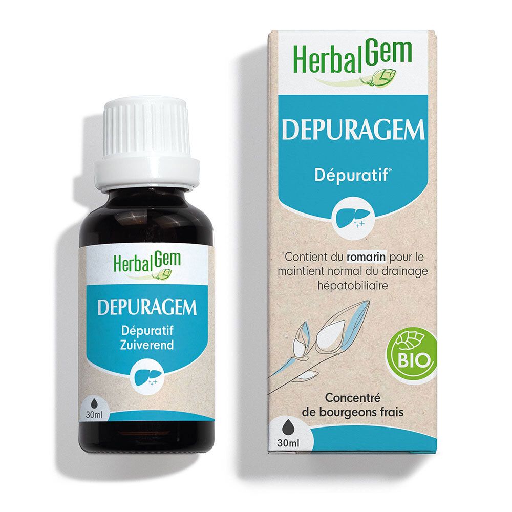 Bruine glazen fles met witte dop. Etiket met HerbalGem, Depuragem, Dépuratif, Zuiverend. Bio-label. 30ml.
