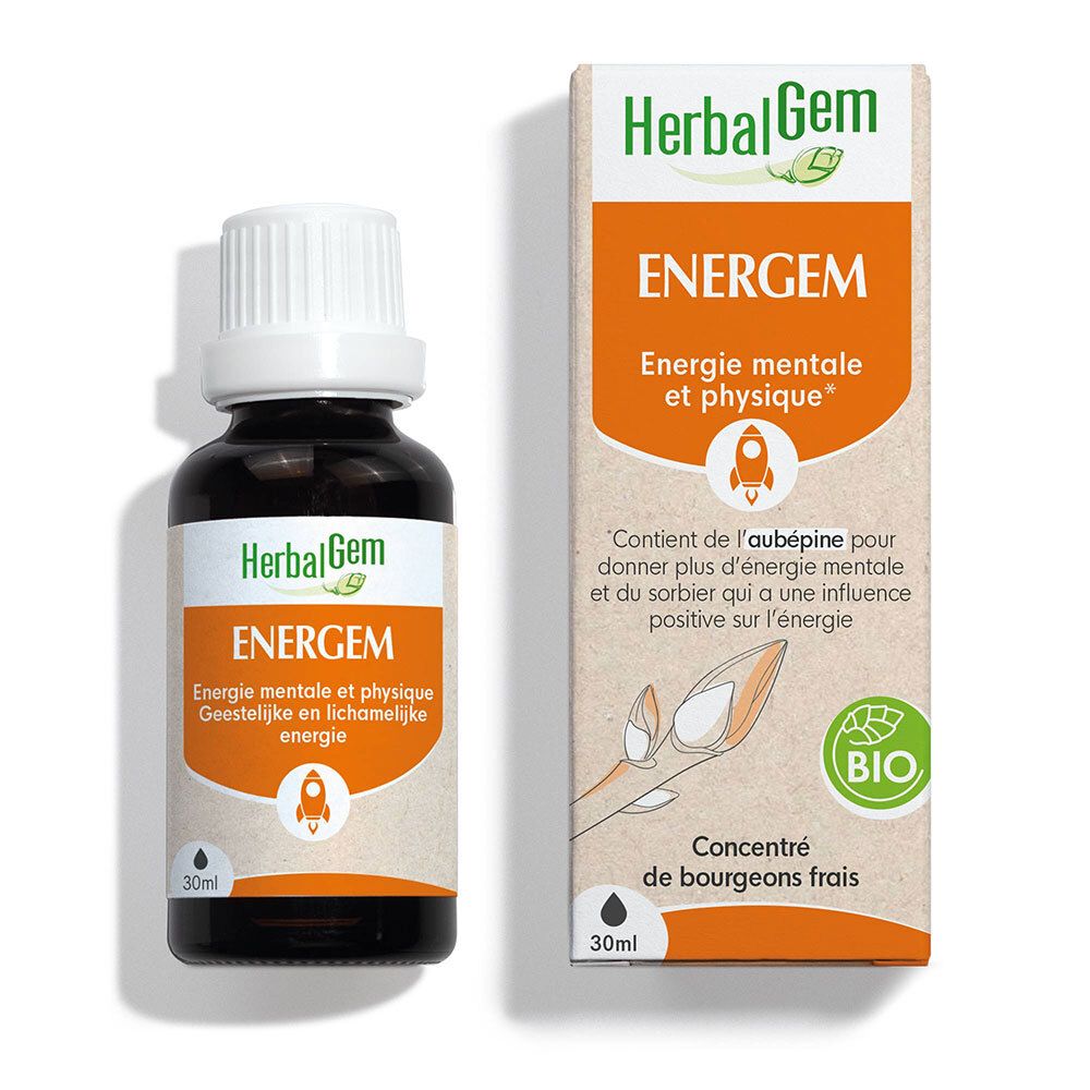 Flacon et boîte HerbalGem Energem. Inscription: Energie mentale et physique. Certification Bio. 30ml.