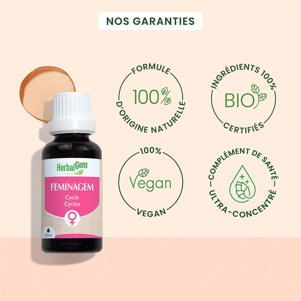 Bruine fles, witte dop. Tekst: FEMINAGEM Cycle Cyclus. Bio-certificering. 30ml.