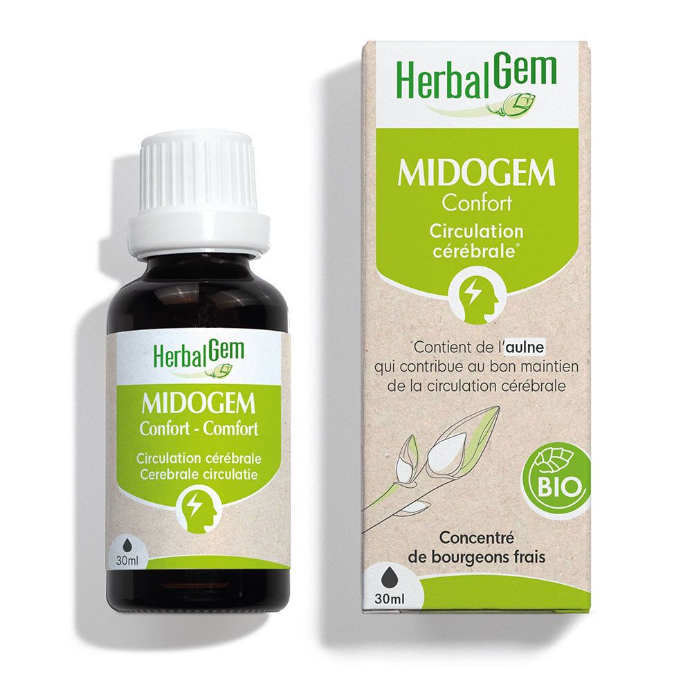 Bruine glazen fles met witte dop en etiket. Doos met productinformatie. HerbalGem MIDOGEM CONFORT.