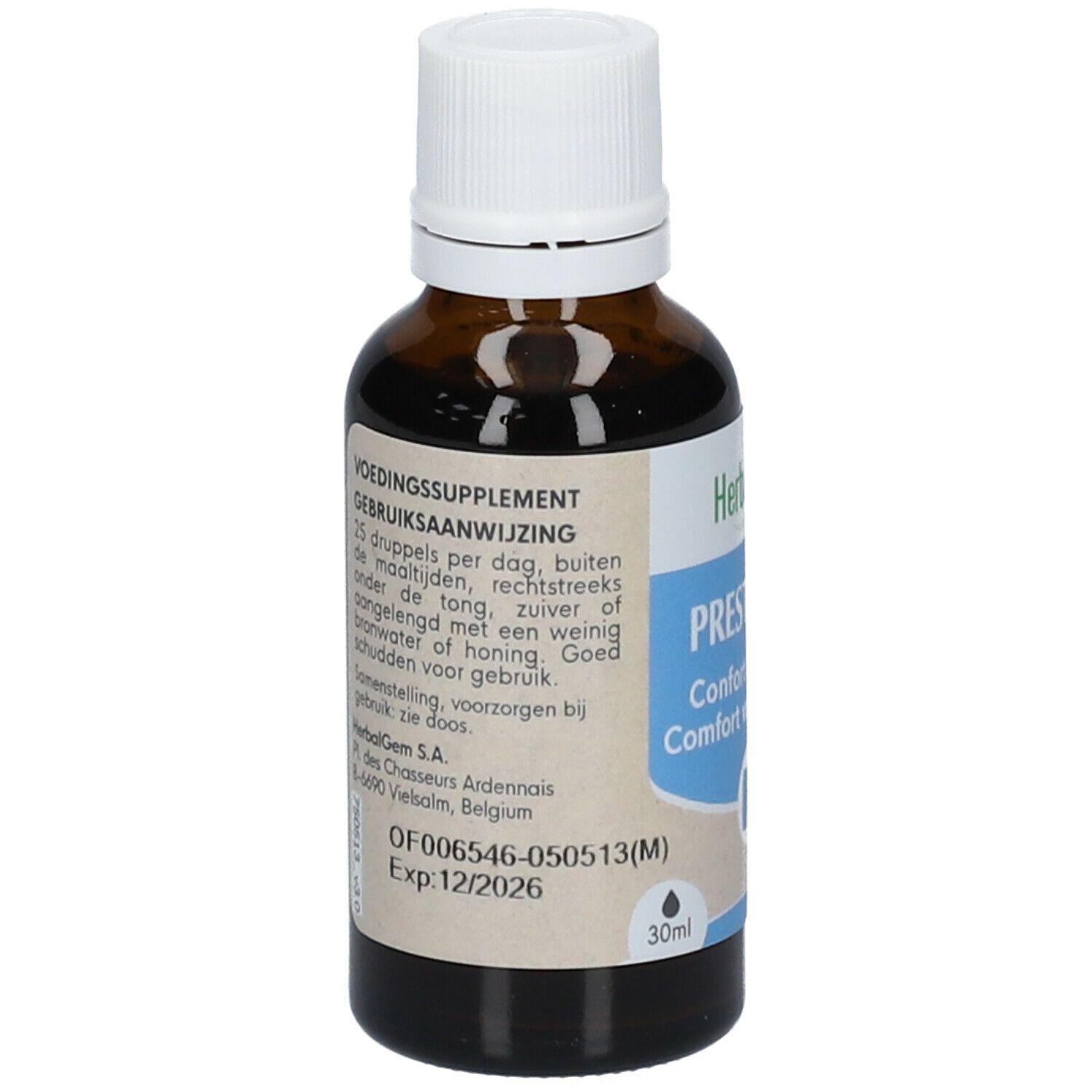 Bruine glazen fles met witte dop. Etiket met productinformatie en vervaldatum. 30ml.