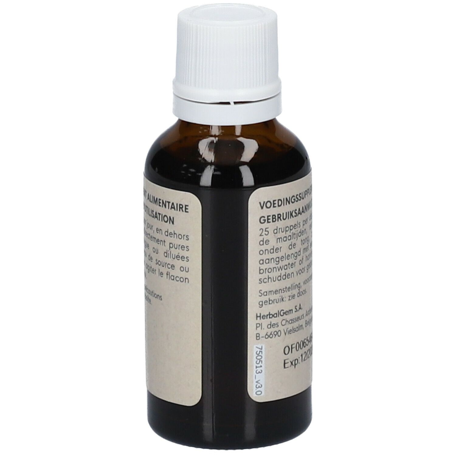 Bruine glazen fles met witte dop. Etiket met productinformatie. 30ml.