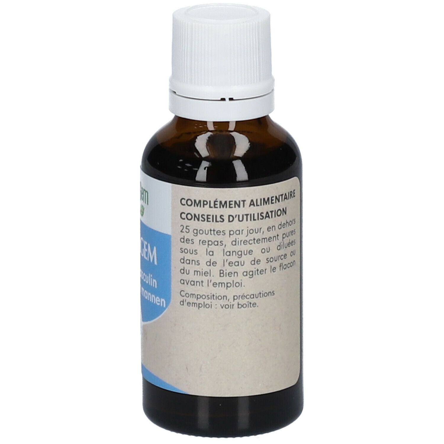 Bruine glazen fles met witte dop. Etiket met productinformatie. 30ml.