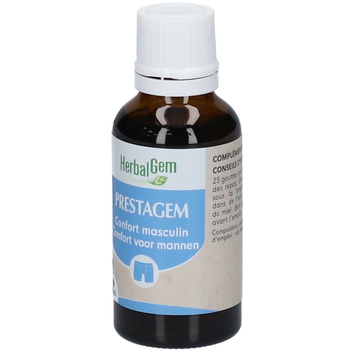 Bruine glazen fles met witte dop. Etiket met productnaam en logo. 30ml.
