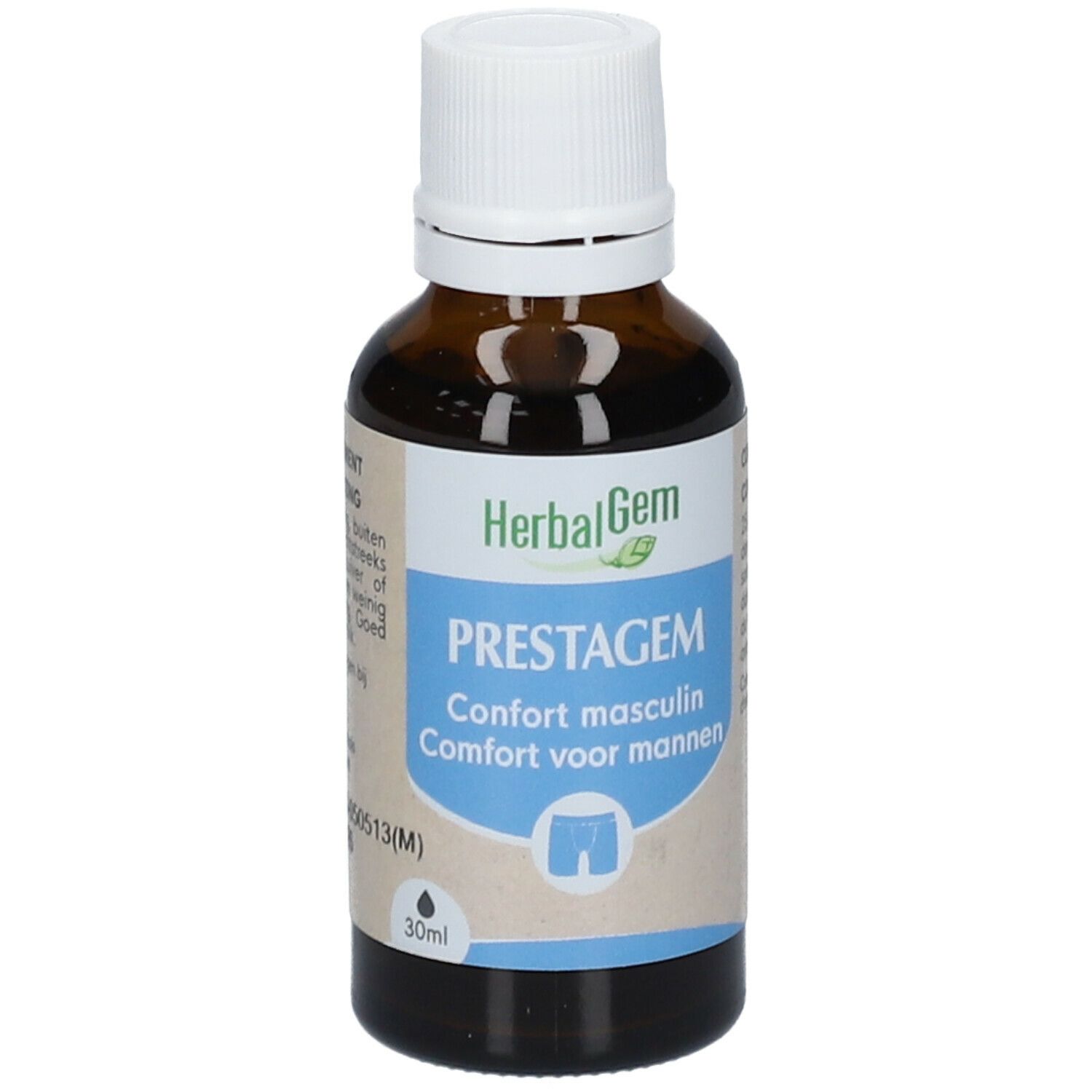Bruine glazen fles met witte dop. Etiket met productnaam en logo. 30ml.