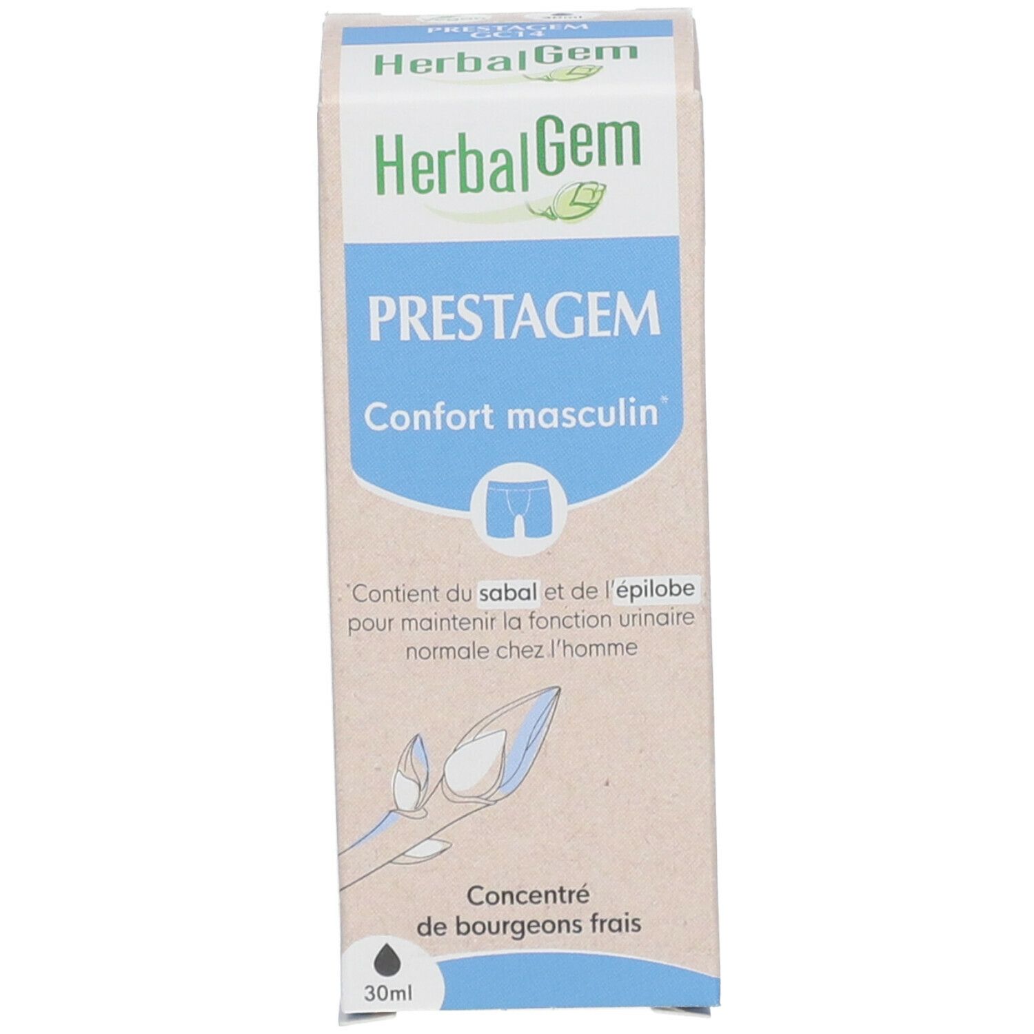 Doos met productnaam en logo. Wit, blauw. Bevat informatie over het product.