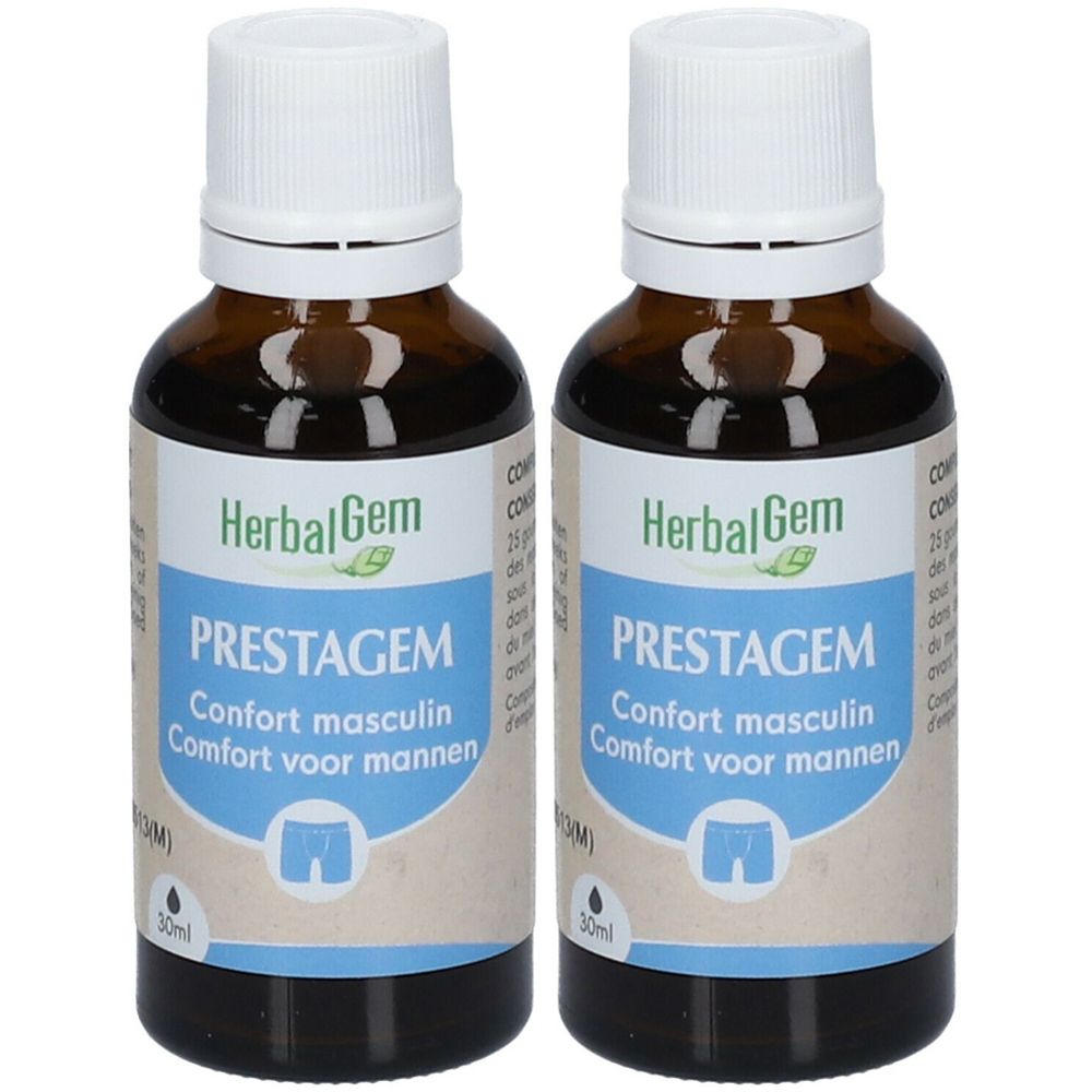 Twee bruine glazen flessen met witte doppen. Etiketten met productnaam en logo. 30ml.