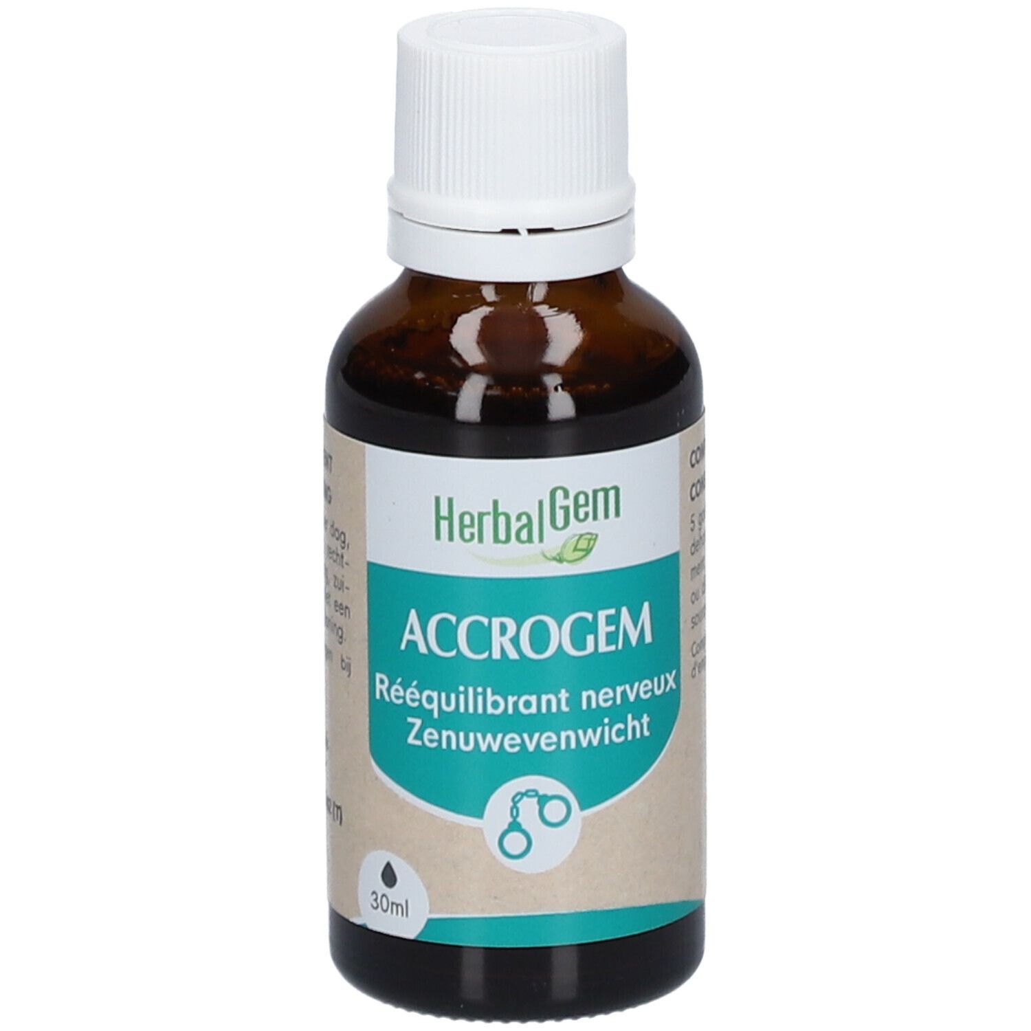 Flacon en verre brun avec bouchon blanc. Inscription: HerbalGem, ACCROGEM, Rééquilibrant nerveux, Zenuwewicht. 30ml.