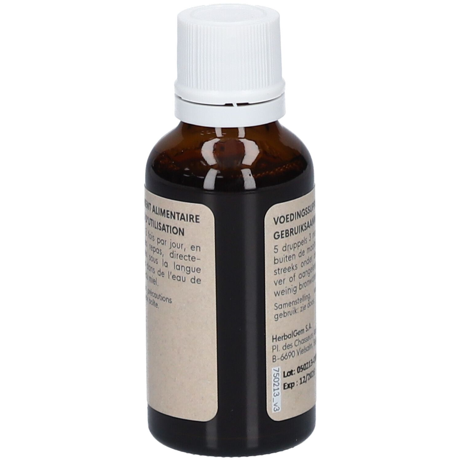 Flacon en verre brun avec bouchon blanc. Texte au dos. Inscription: HerbalGem, ACCROGEM, Rééquilibrant nerveux, Zenuwewicht. 30ml.