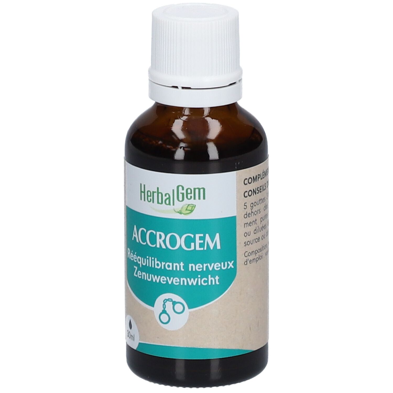 Flacon en verre brun avec bouchon blanc. Inscription: HerbalGem, ACCROGEM, Rééquilibrant nerveux, Zenuwewicht. 30ml.