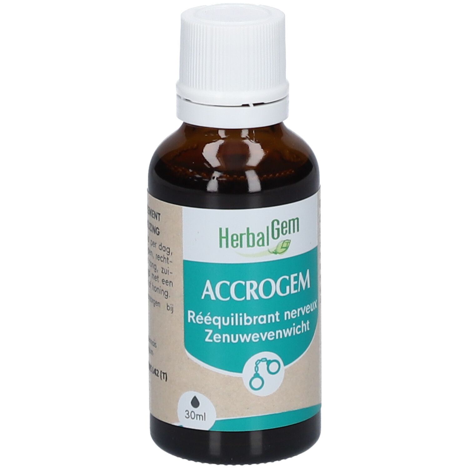 Flacon en verre brun avec bouchon blanc. Inscription: HerbalGem, ACCROGEM, Rééquilibrant nerveux, Zenuwewicht. 30ml.
