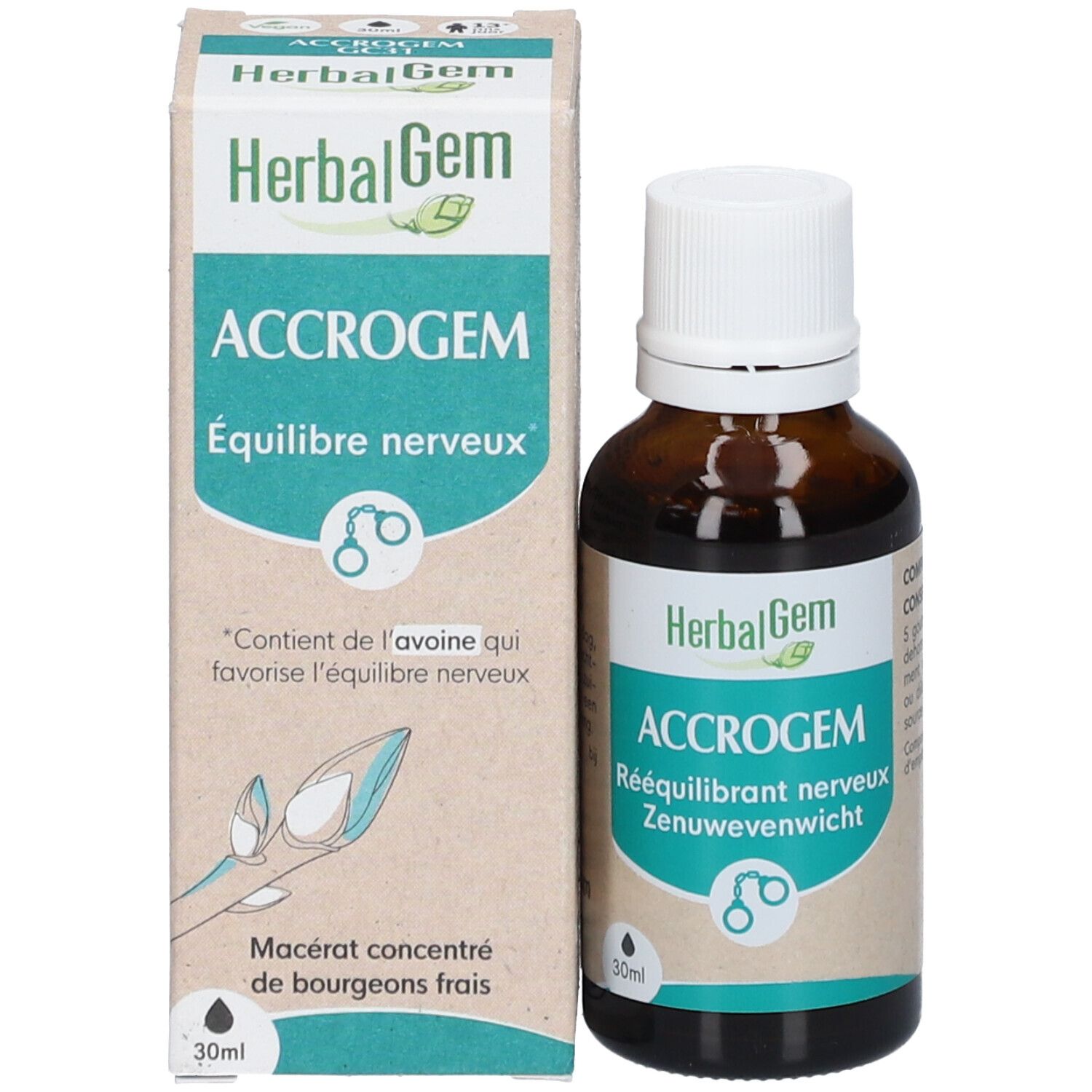 Emballage et flacon. Inscription: HerbalGem, ACCROGEM, Équilibre nerveux, Rééquilibrant nerveux, Zenuwewicht. 30ml.