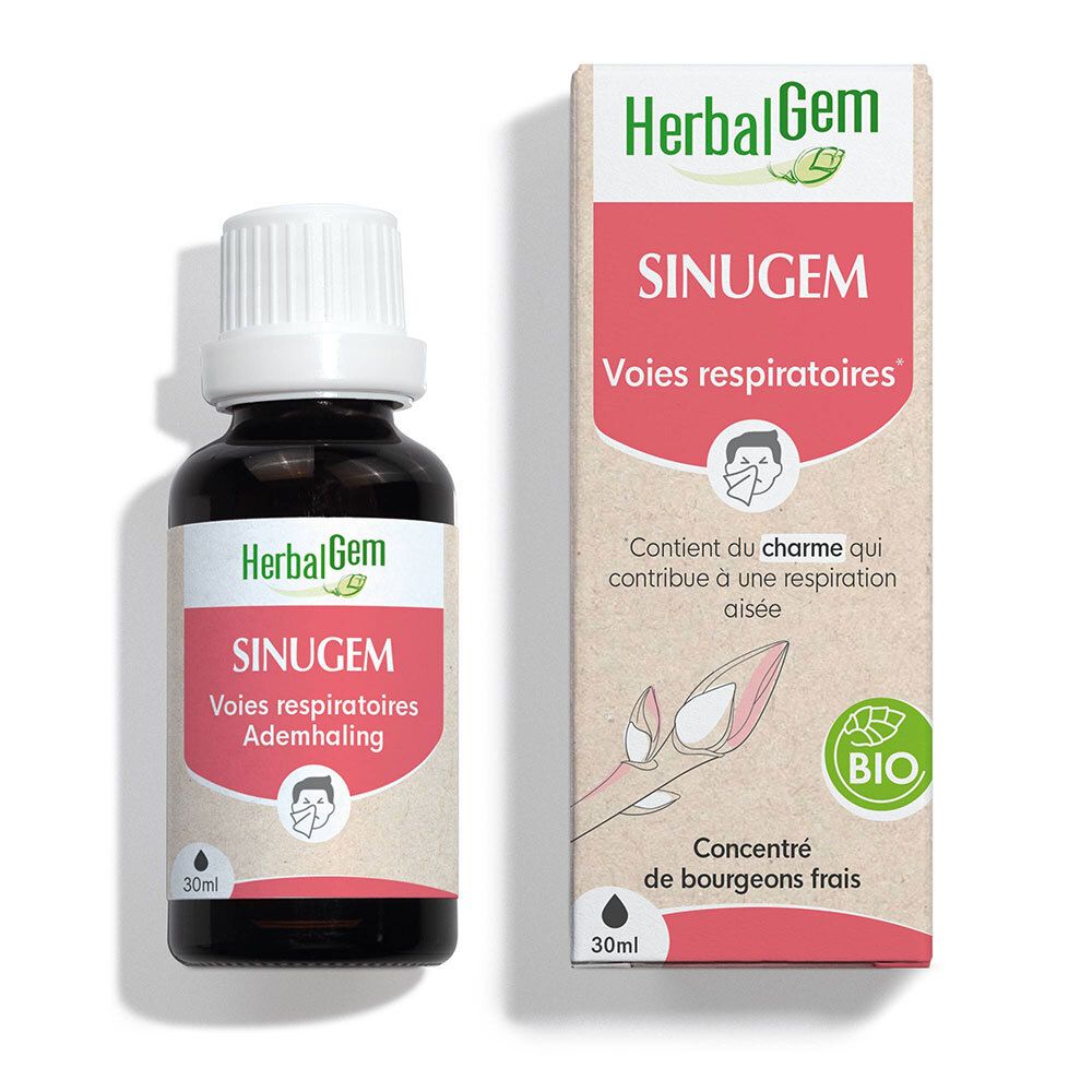 Bruine glazen fles met witte dop en etiket. HerbalGem SINUGEM, 30ml. Bio-certificering.