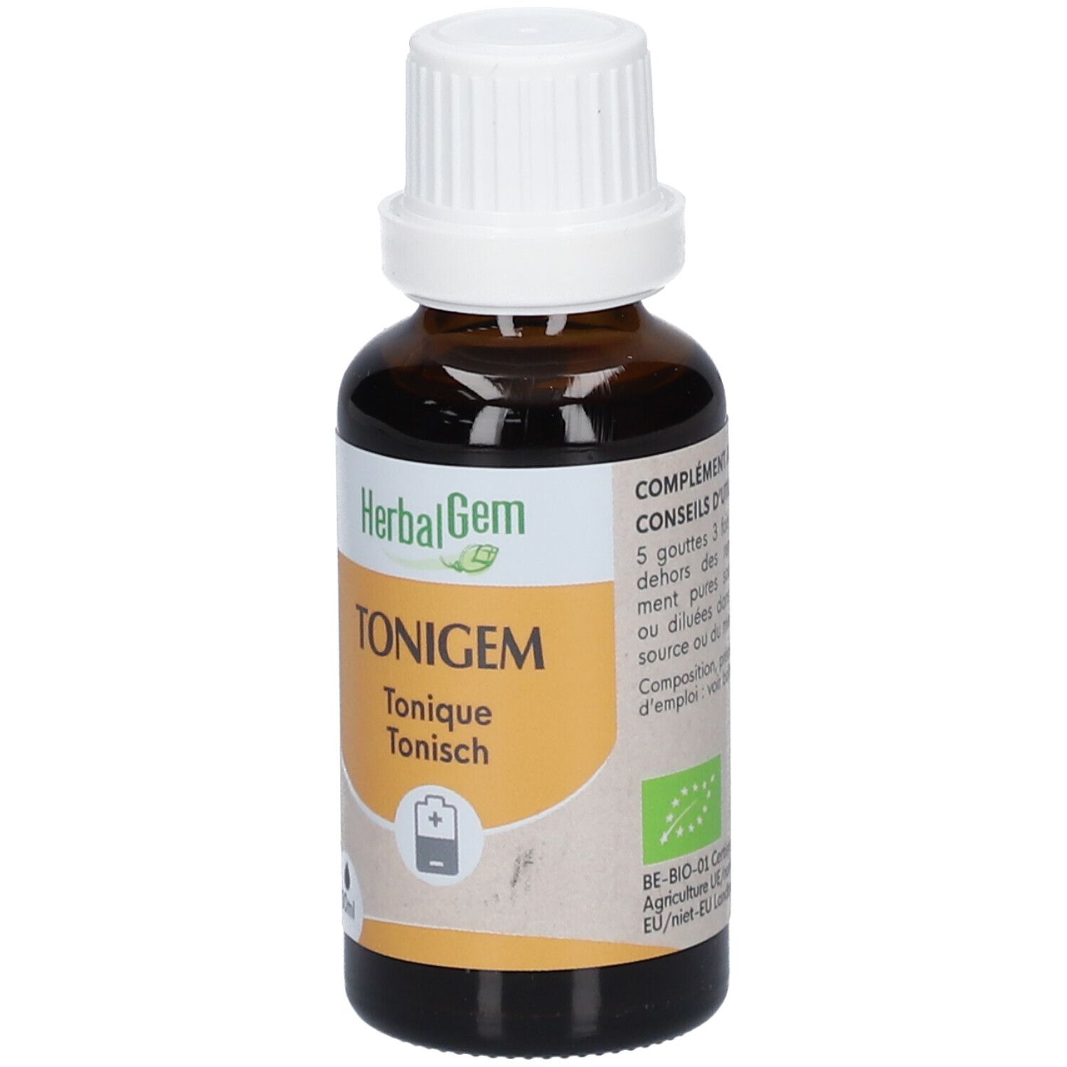 Flacon en verre brun avec bouchon blanc. Étiquette HerbalGem, TONIGEM, 30ml et label bio.