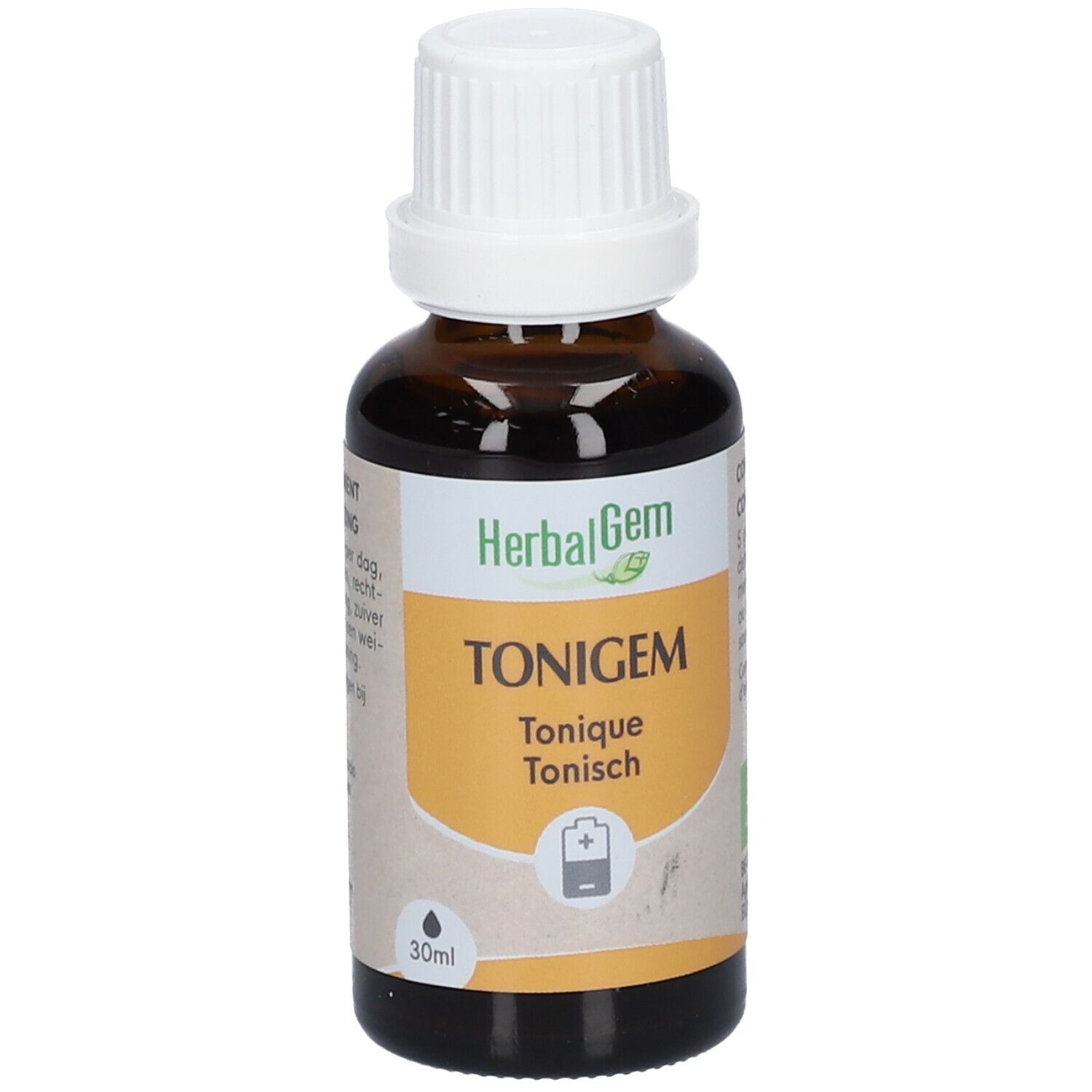 Flacon en verre brun avec bouchon blanc. Étiquette HerbalGem, TONIGEM, 30ml et label bio.