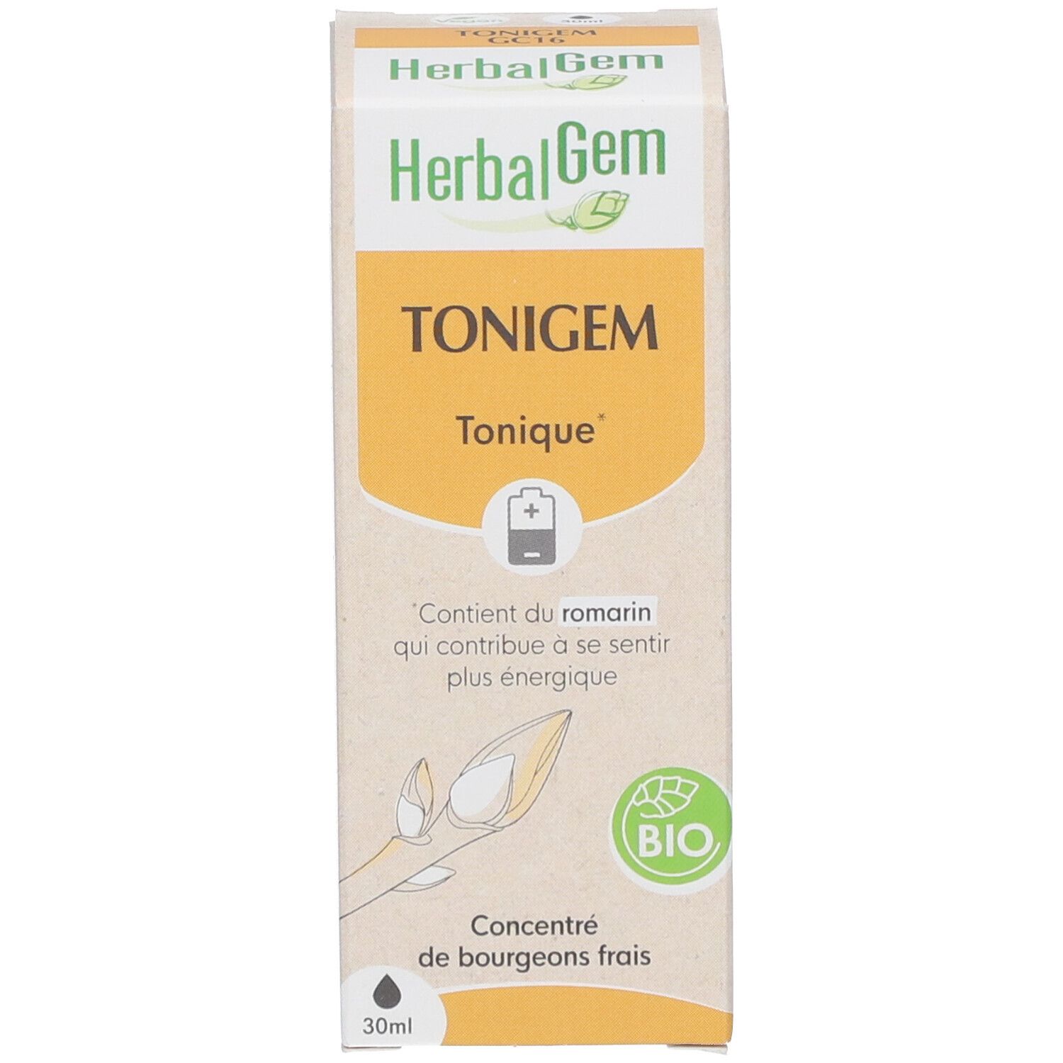 Emballage carton avec HerbalGem, TONIGEM, 30ml et label bio. Illustration de bourgeons.