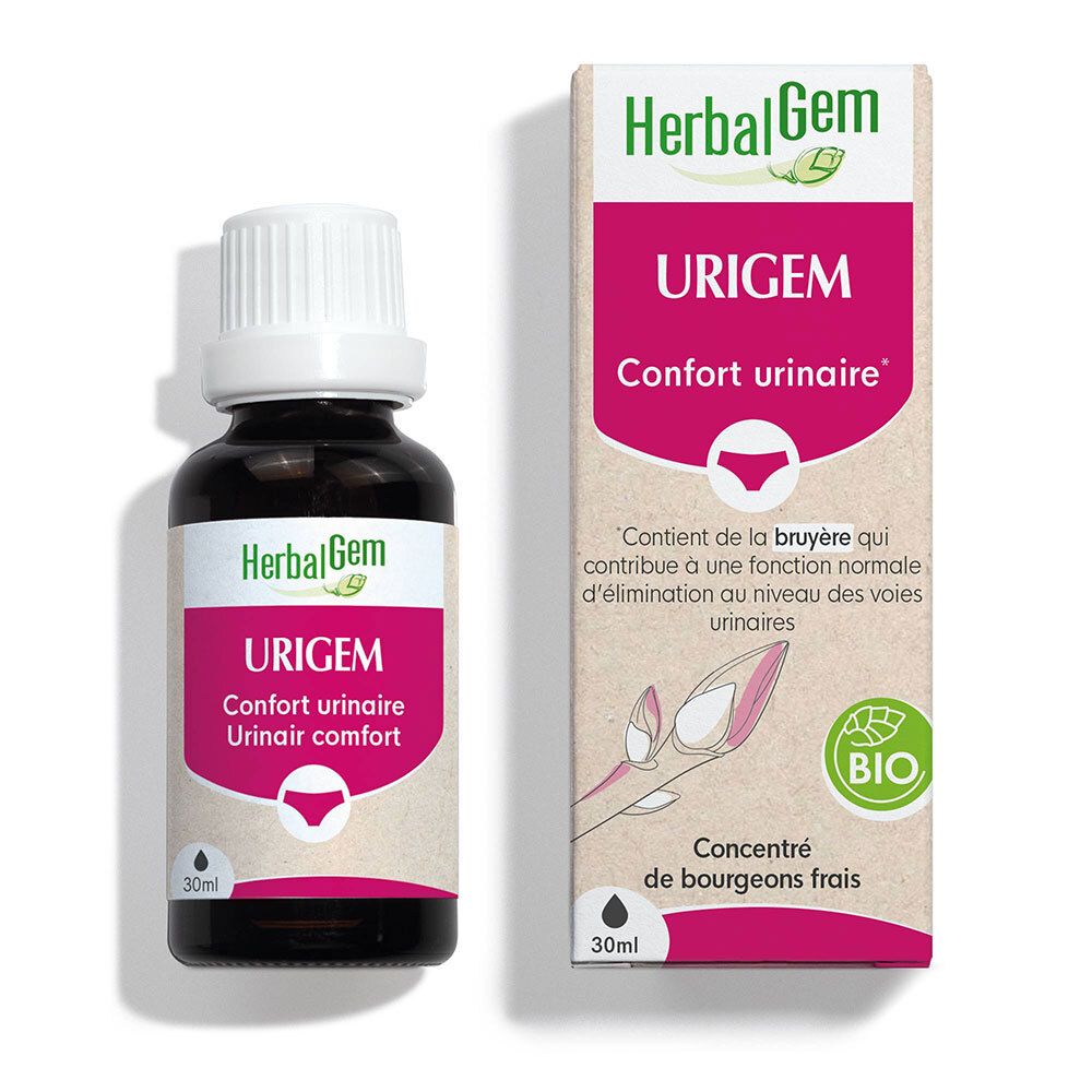 Bruine glazen fles met witte dop en etiket. Opschrift: HerbalGem, URIGEM, Bio-certificering. Verpakking ernaast.