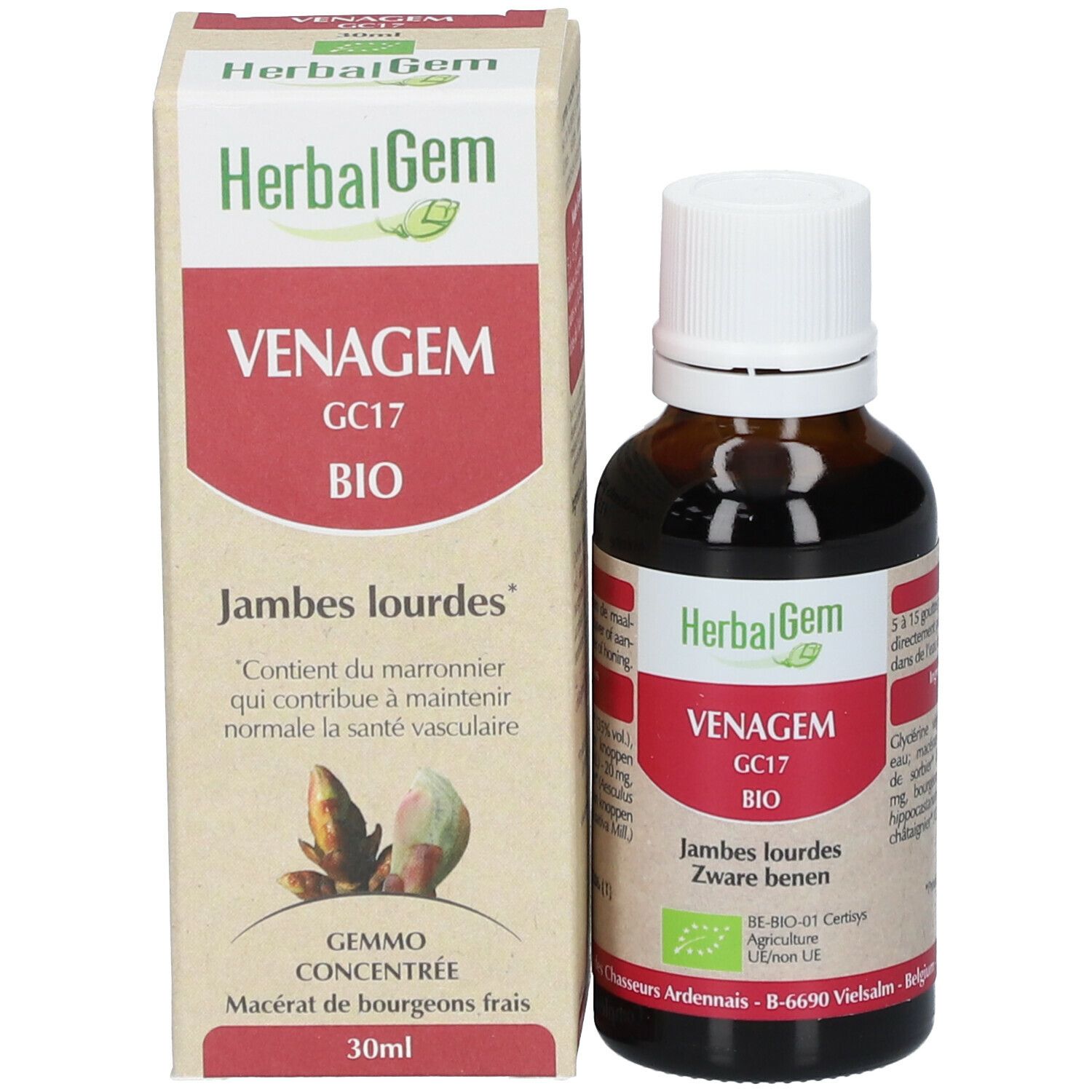 Productfles en verpakking. Op de verpakking staat "HerbalGem Venagem Bio".
