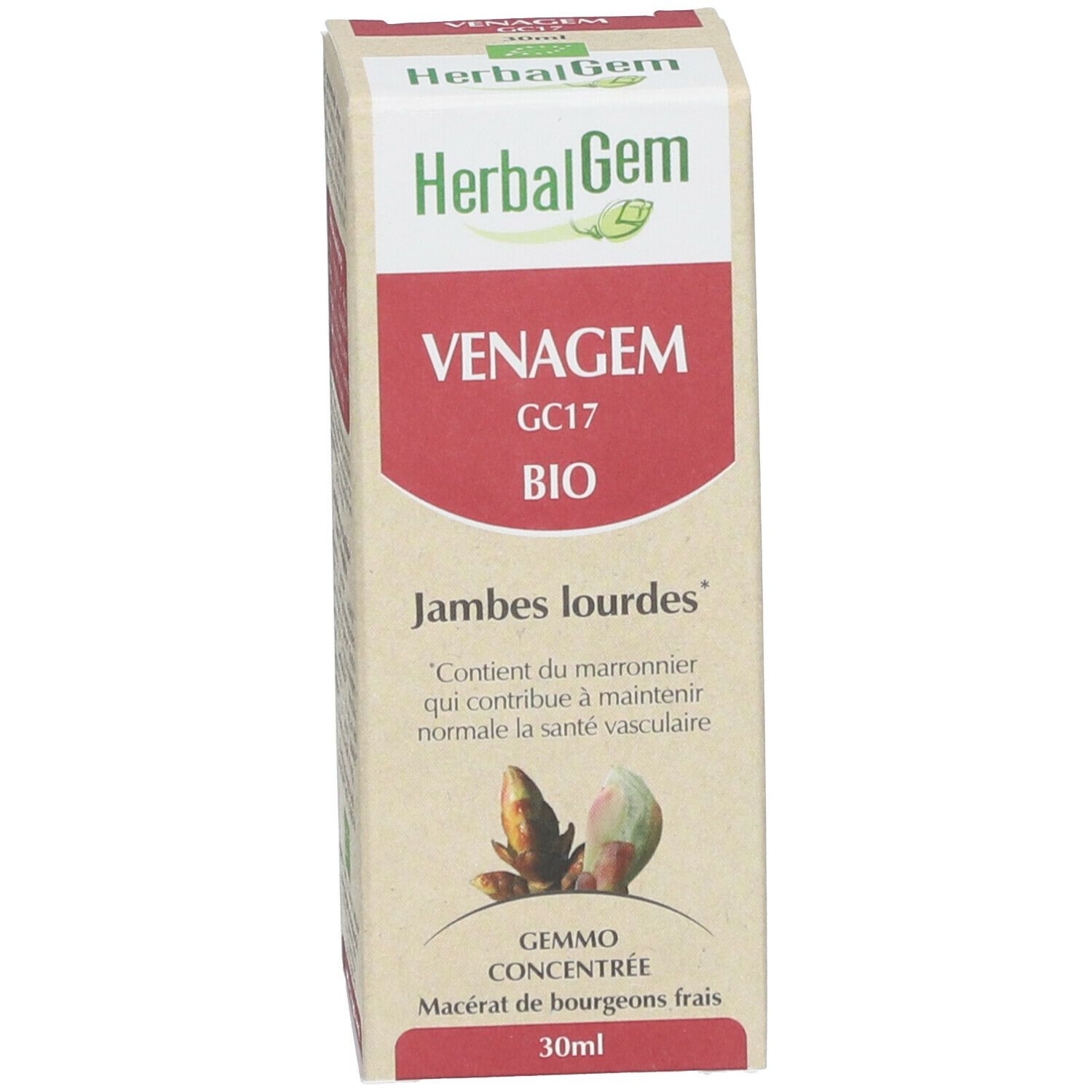 Productverpakking. Op de verpakking staat "HerbalGem Venagem Bio".