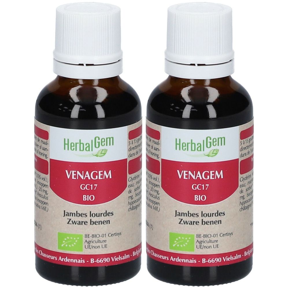 Twee bruine glazen flessen met witte dop. Etiket met "HerbalGem Venagem Bio".