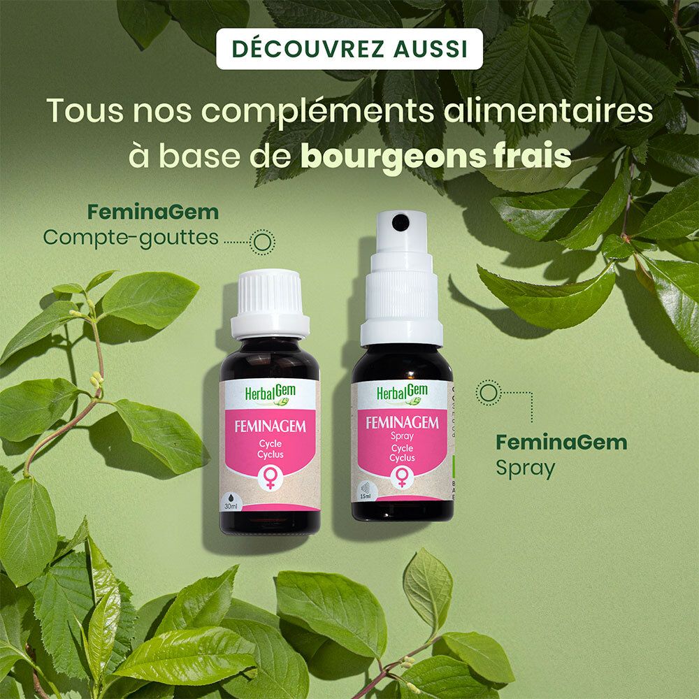 Twee flessen: FEMINAGEM Spray en druppels. Omringd door bladeren.