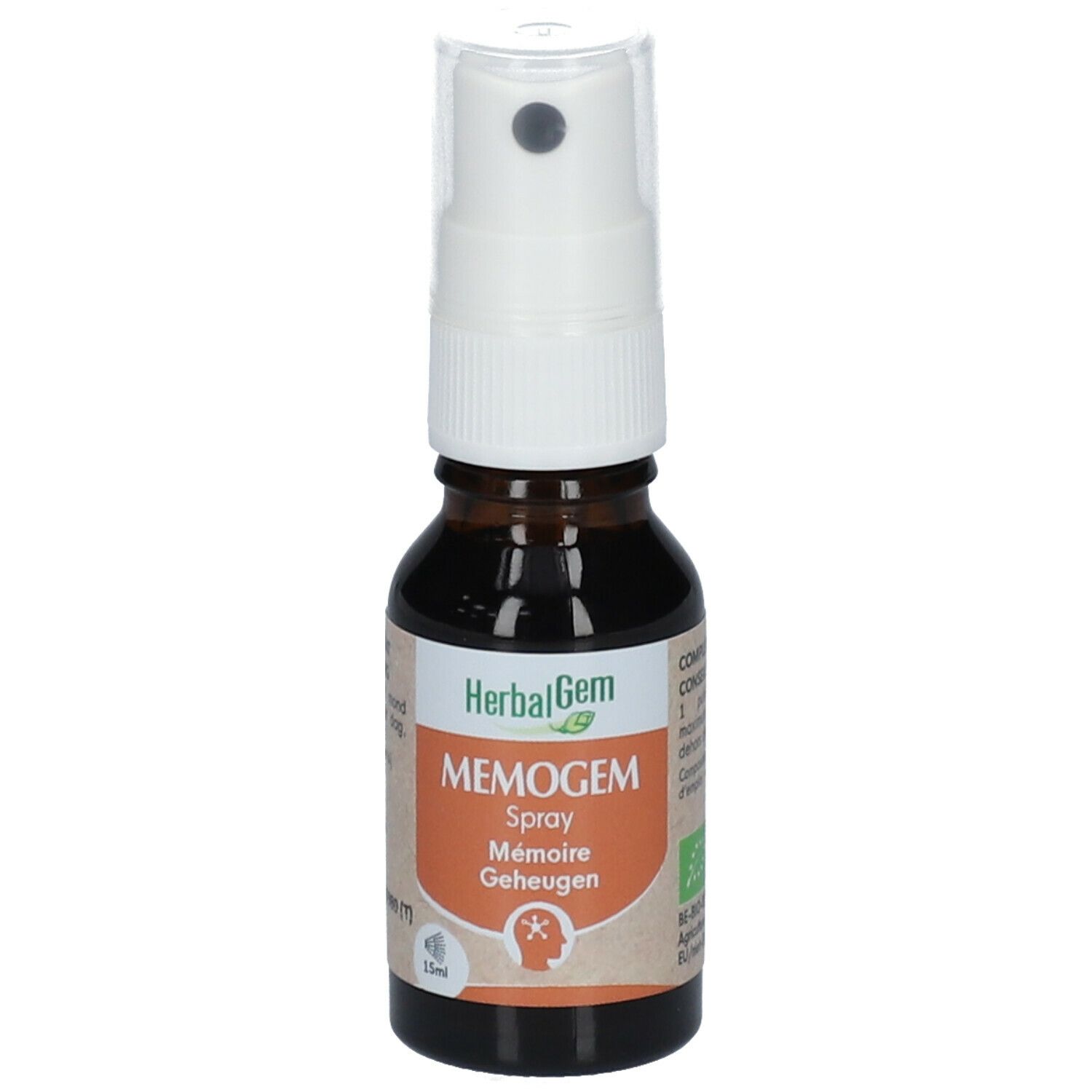 Bruine glazen fles met witte spraykop. Opschrift: MEMOGEM Spray. Label met logo en tekst. 15ml.