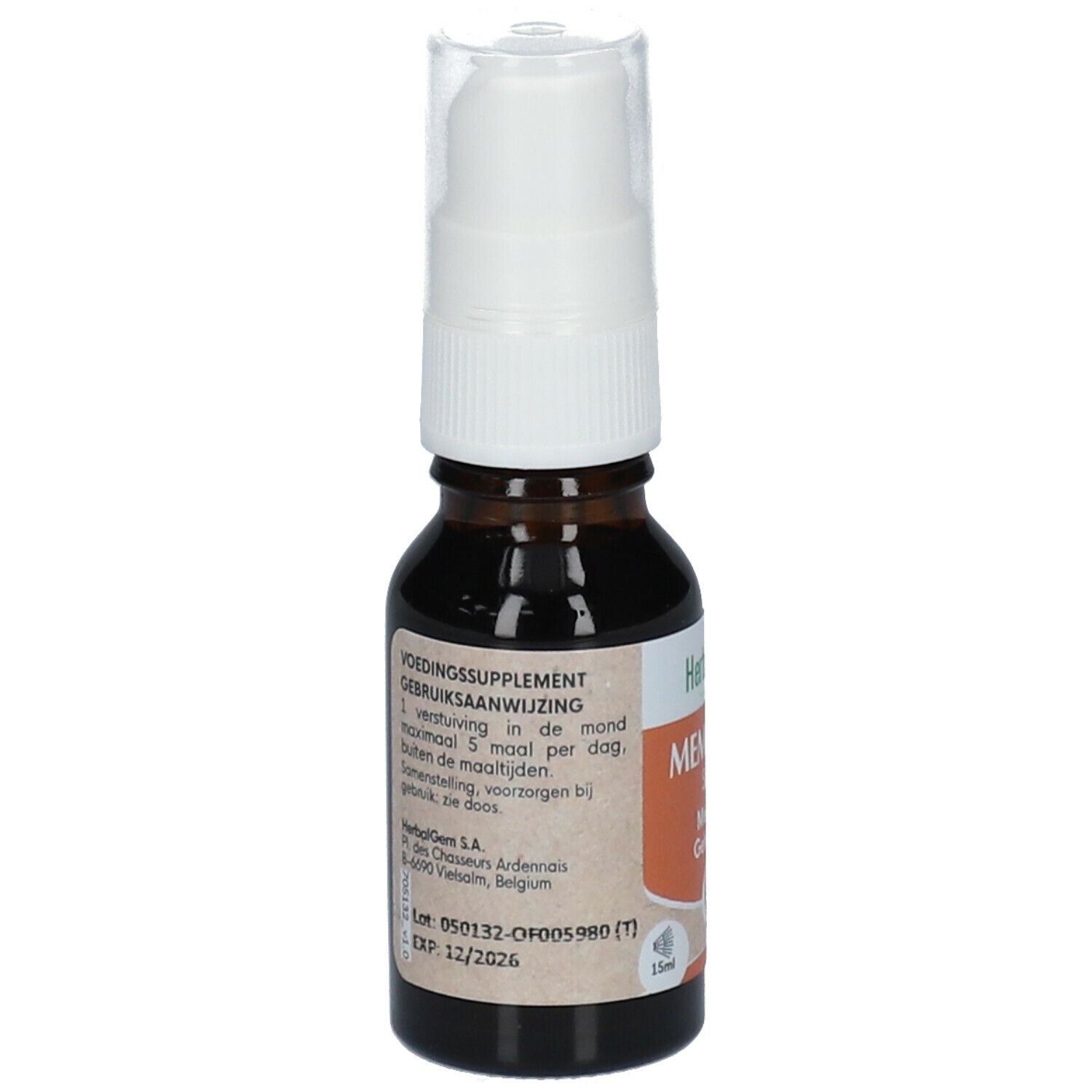 Bruine glazen fles met witte spraykop. Tekst op de achterkant. 15ml. Houdbaar tot 12/2026.