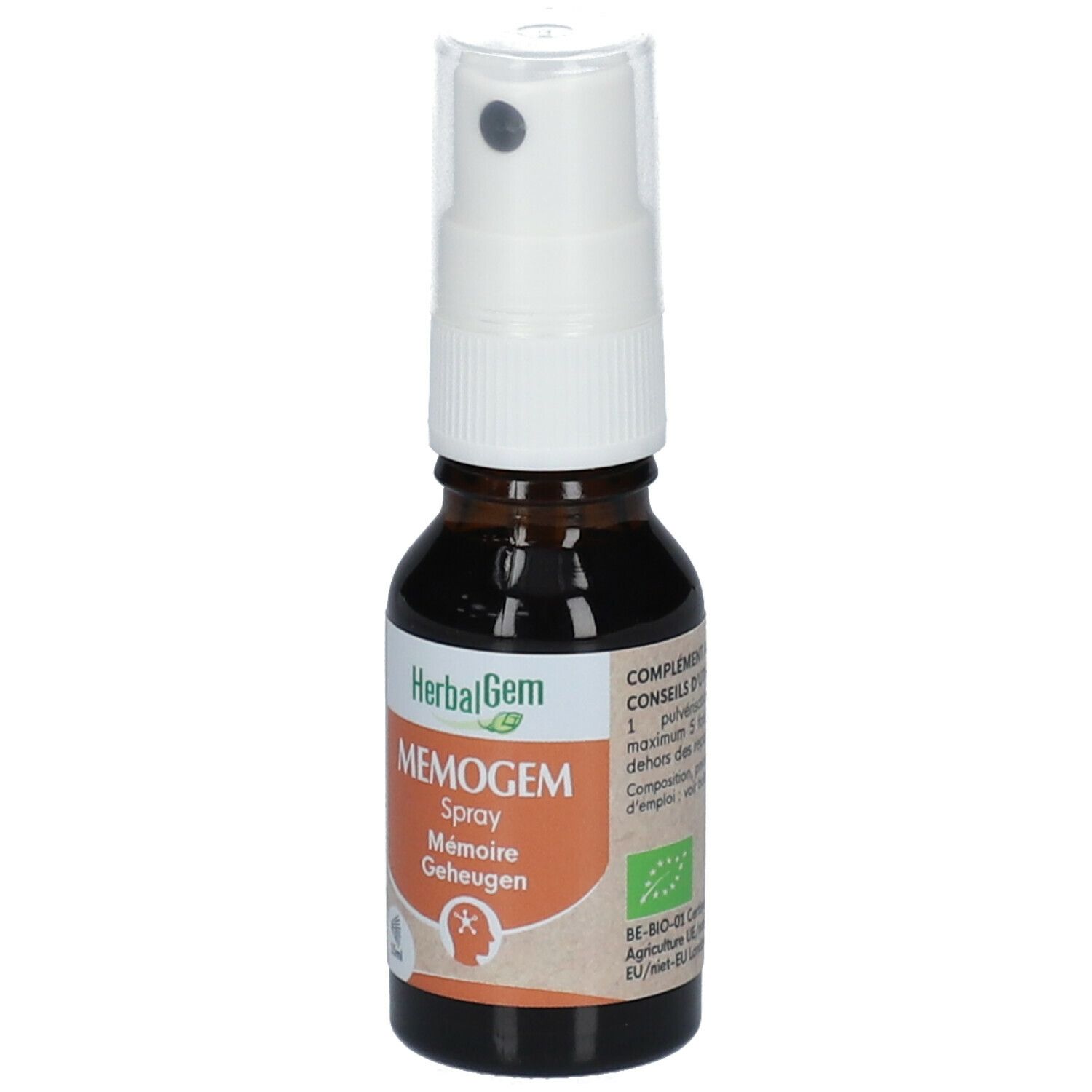 Bruine glazen fles met witte spraykop. Opschrift: MEMOGEM Spray. Label met logo en tekst. 15ml.