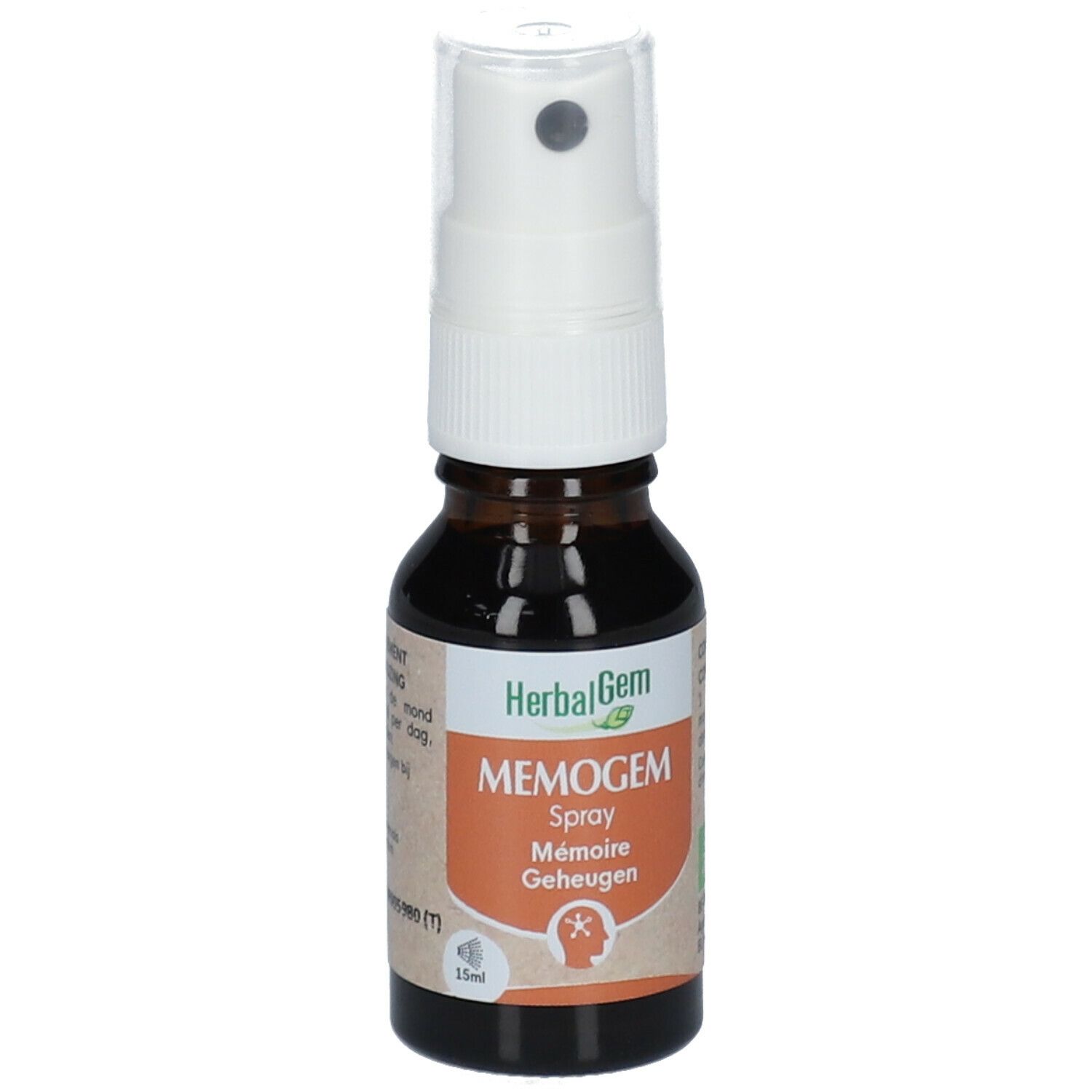 Bruine glazen fles met witte spraykop. Opschrift: MEMOGEM Spray. Label met logo en tekst. 15ml.