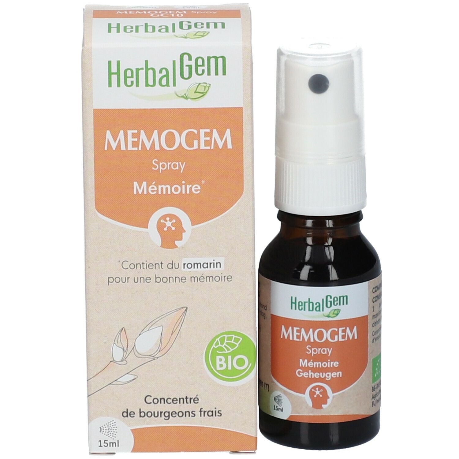 Productfles met verpakking. Verpakking met opschrift: MEMOGEM Spray. Bevat rozemarijn. Bio-keurmerk.