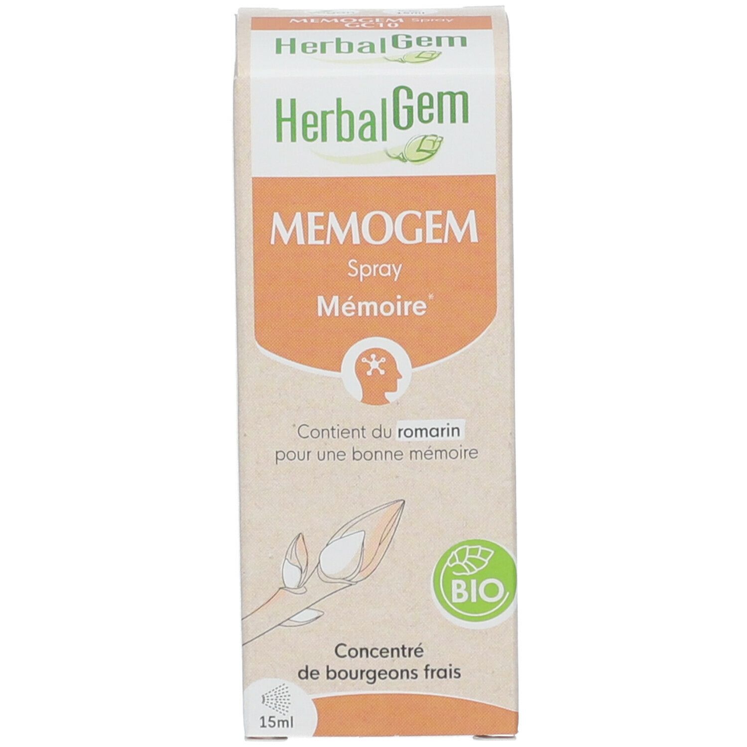 Verpakking met opschrift: MEMOGEM Spray. Bevat rozemarijn. Bio-keurmerk. 15ml.