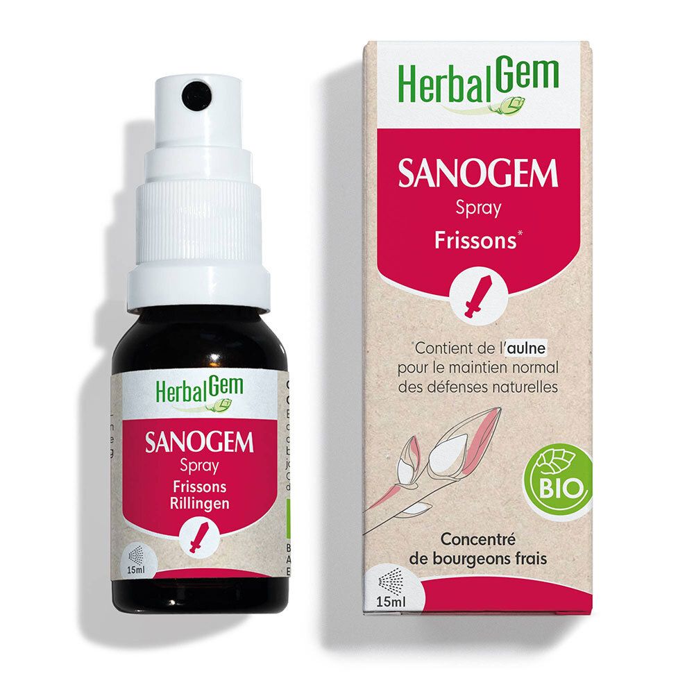 Flacon en verre brun avec spray et boîte. Inscription: HerbalGem SANOGEM Spray. Certification BIO.