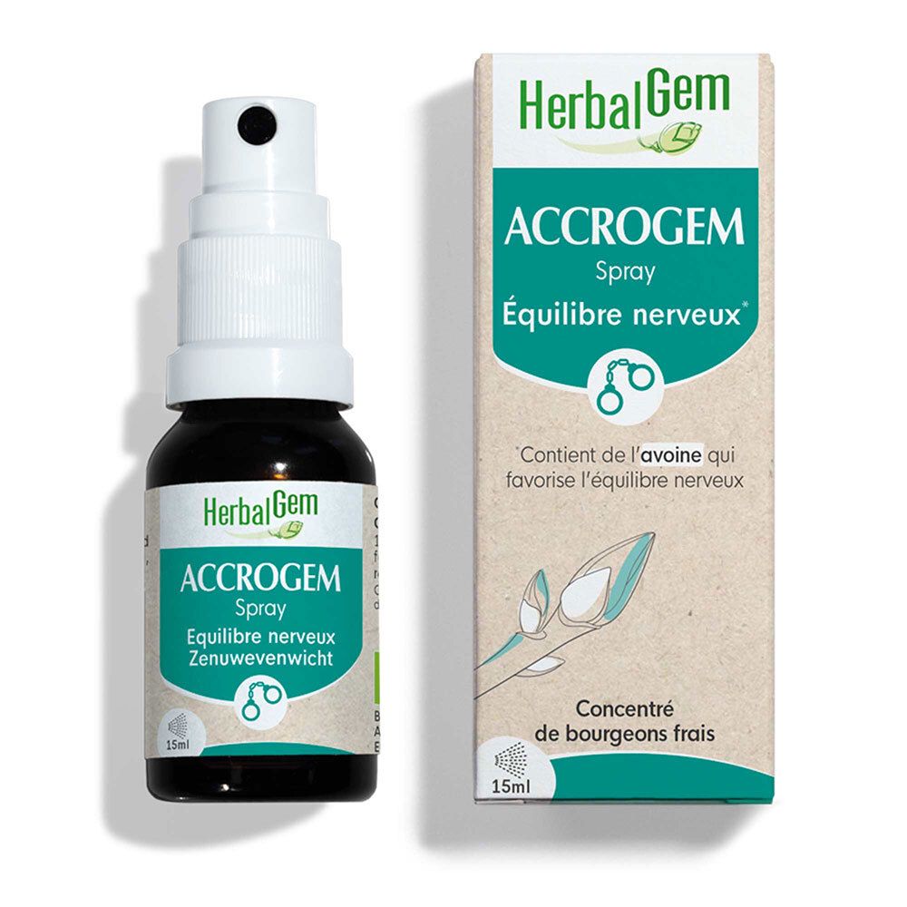 HerbalGem Accrogem Spray, bruine fles met sproeikop en doos. Opschrift: Équilibre nerveux. 15ml.