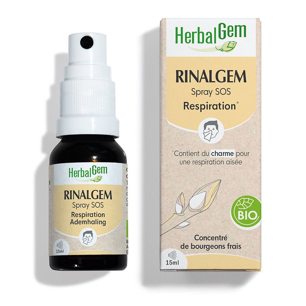 Flacon en verre brun avec vaporisateur. Inscription: RINALGEM Spray SOS Respiration. Label BIO.