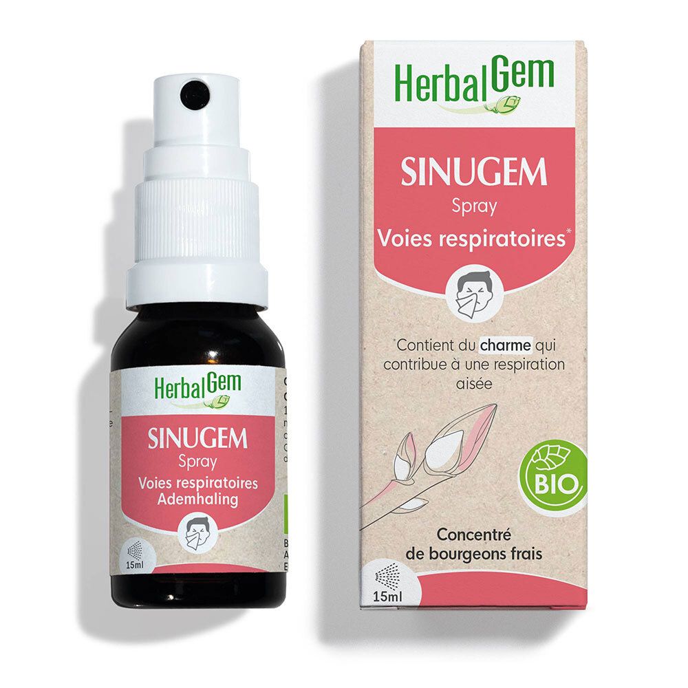 Braune Glasflasche mit weißem Sprühkopf und Karton. Aufschrift: HerbalGem SINUGEM Spray. Bio-Zertifizierung.