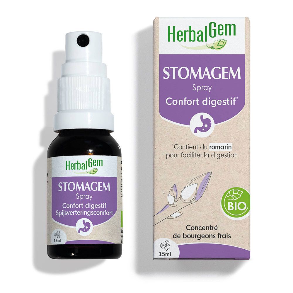 Flacon en verre brun avec vaporisateur blanc et boîte. Inscription: HerbalGem STOMAGEM Spray. Certification BIO.