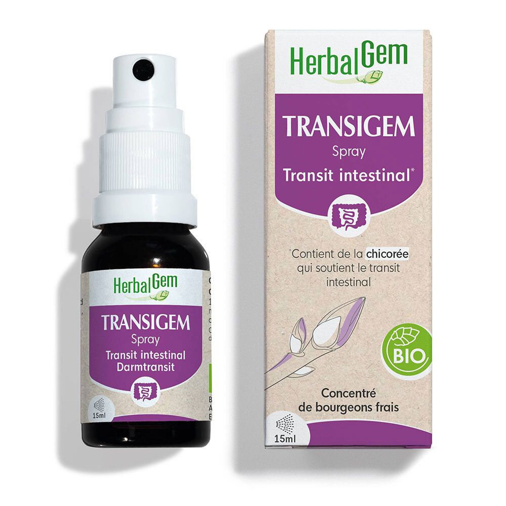 Flacon en verre brun avec spray et boîte. Inscription: HerbalGem Transigem Spray. Certification Bio.