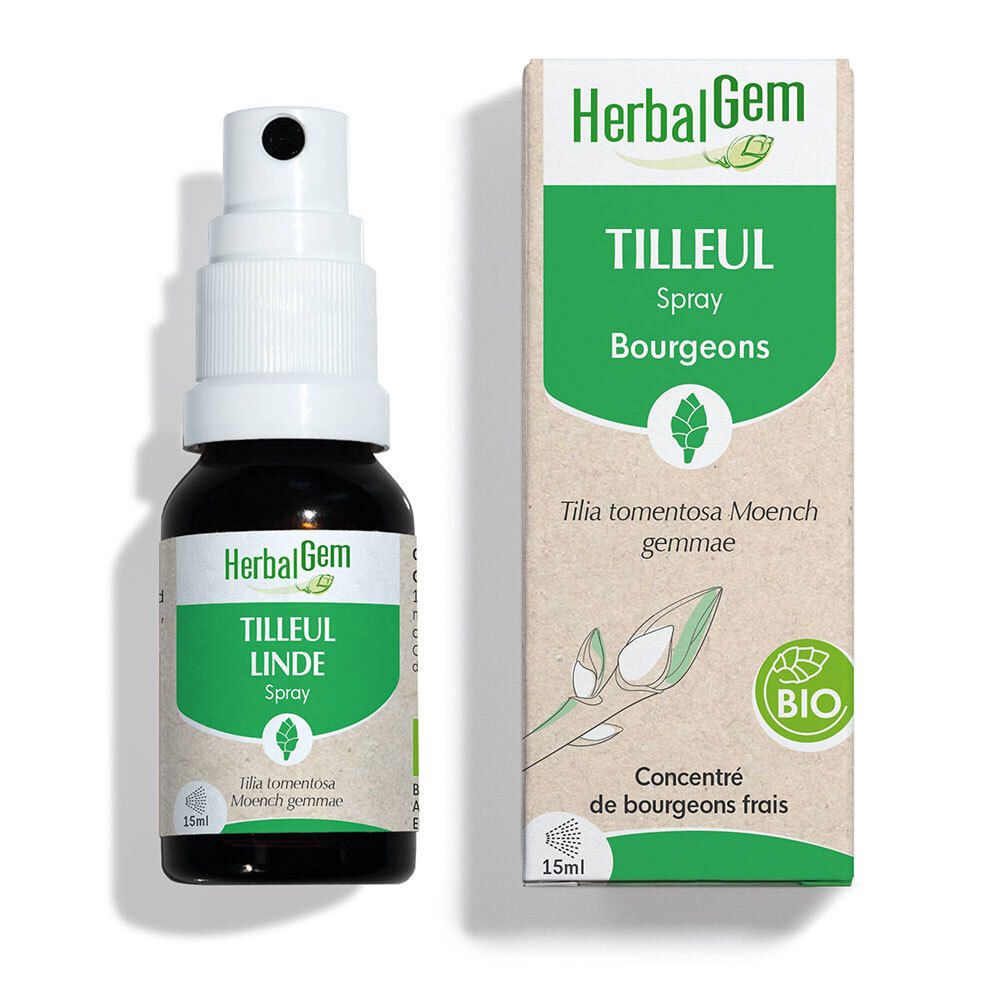 Braune Sprühflasche und Verpackung. Aufschrift: HerbalGem, Tilleul Linde Spray. Bio-Siegel.
