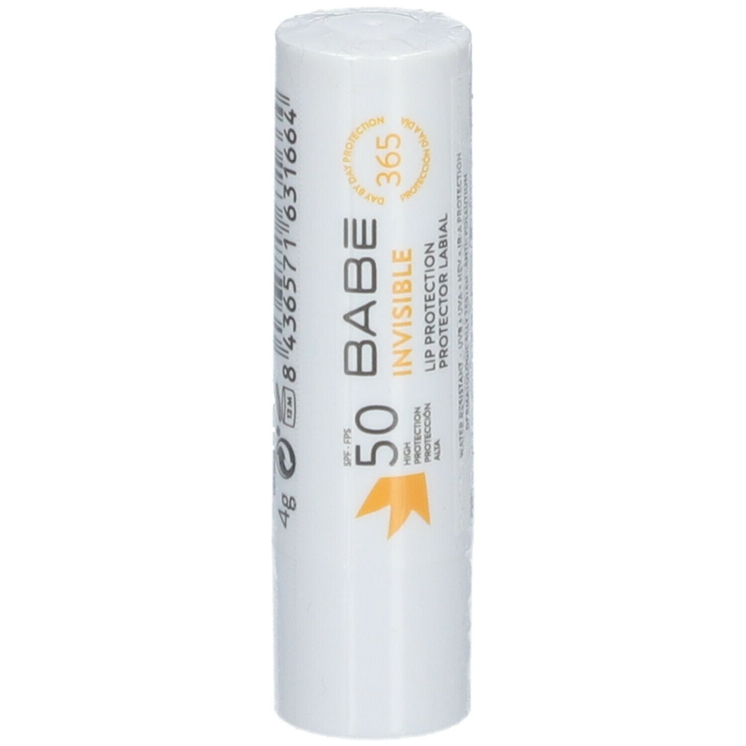 Stick de protection lèvres blanc avec texte BABÉ Invisible Lip Protection SPF50. Graphique et texte jaunes.